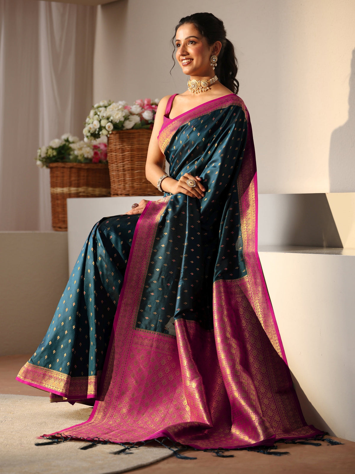 Anouk Navy Blue Kanjeevaram Silk Blend Saree