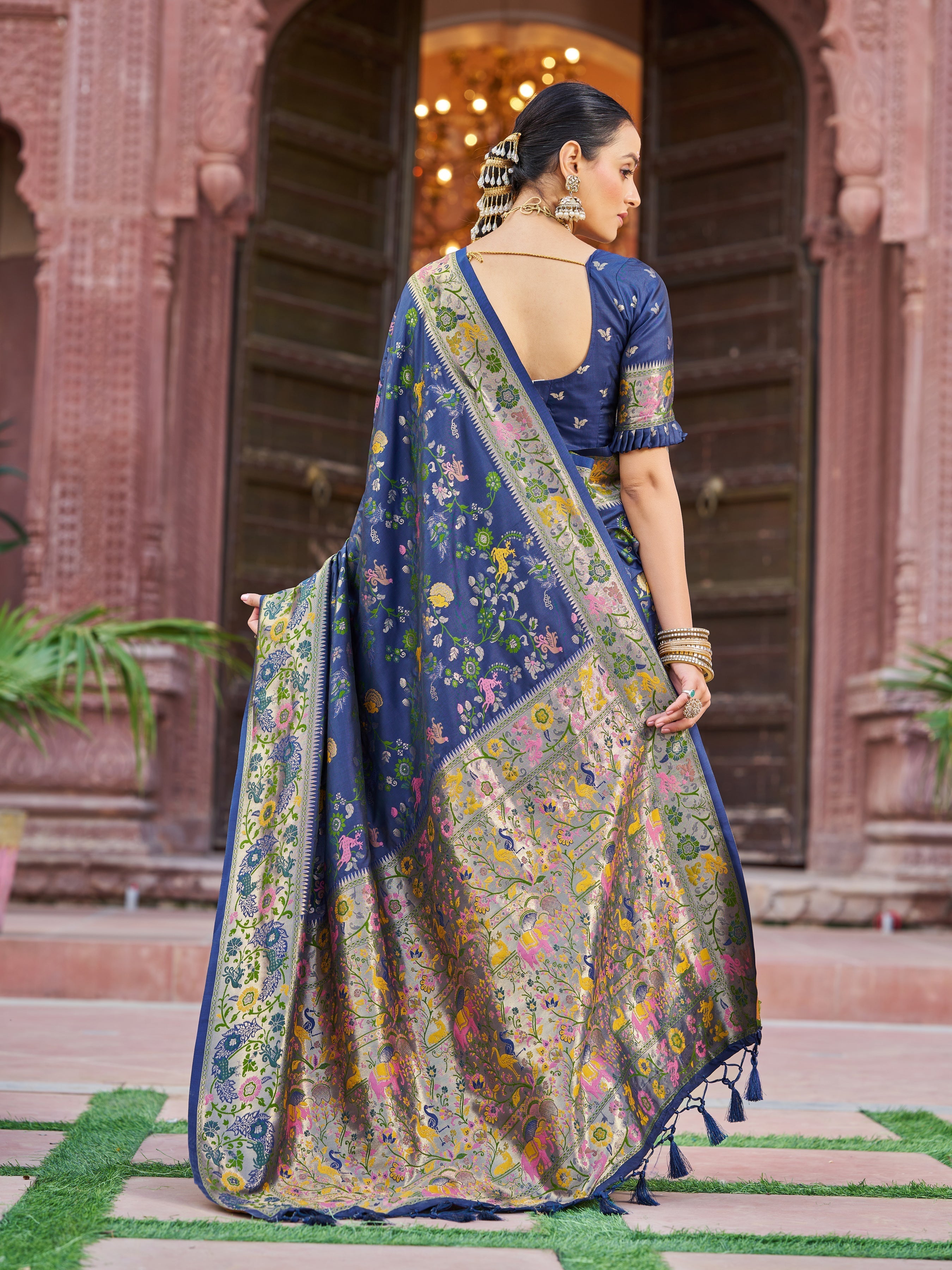 Navy Blue Exquisite Banarasi Jacquard Art Silk Saree with Matching Border Blouse – Perfect for Weddings
