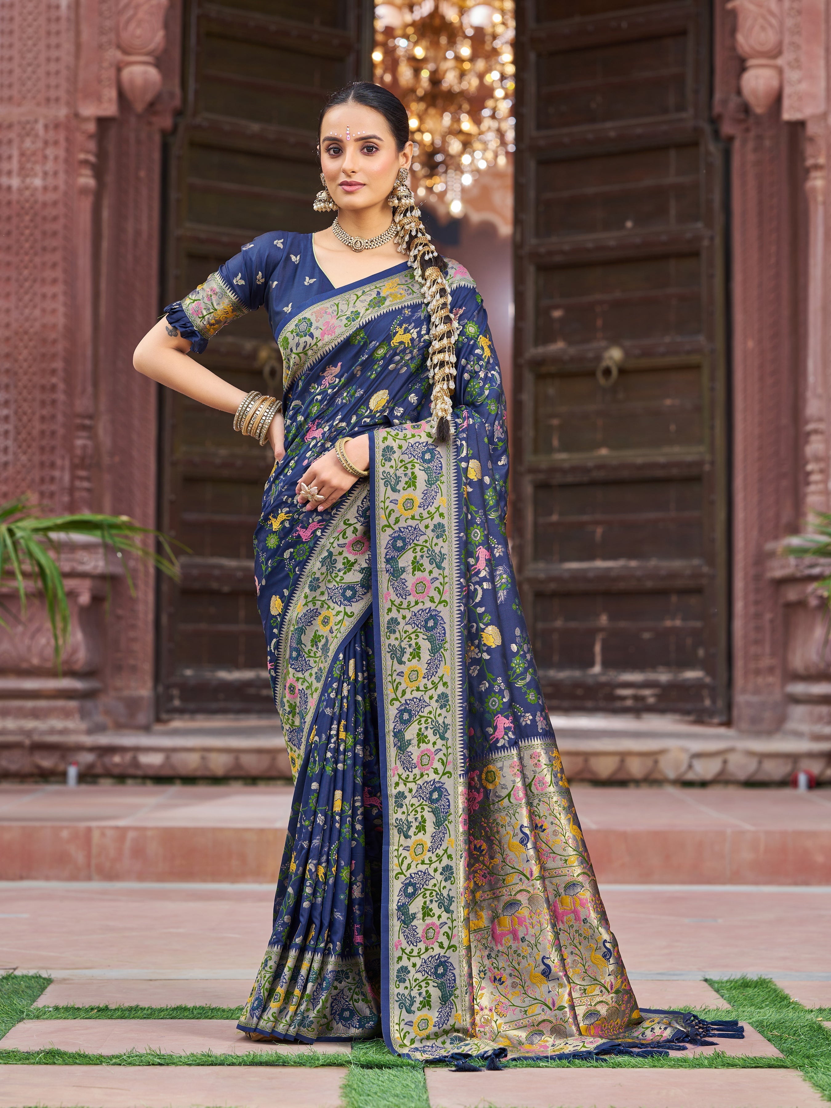 Navy Blue Exquisite Banarasi Jacquard Art Silk Saree with Matching Border Blouse – Perfect for Weddings