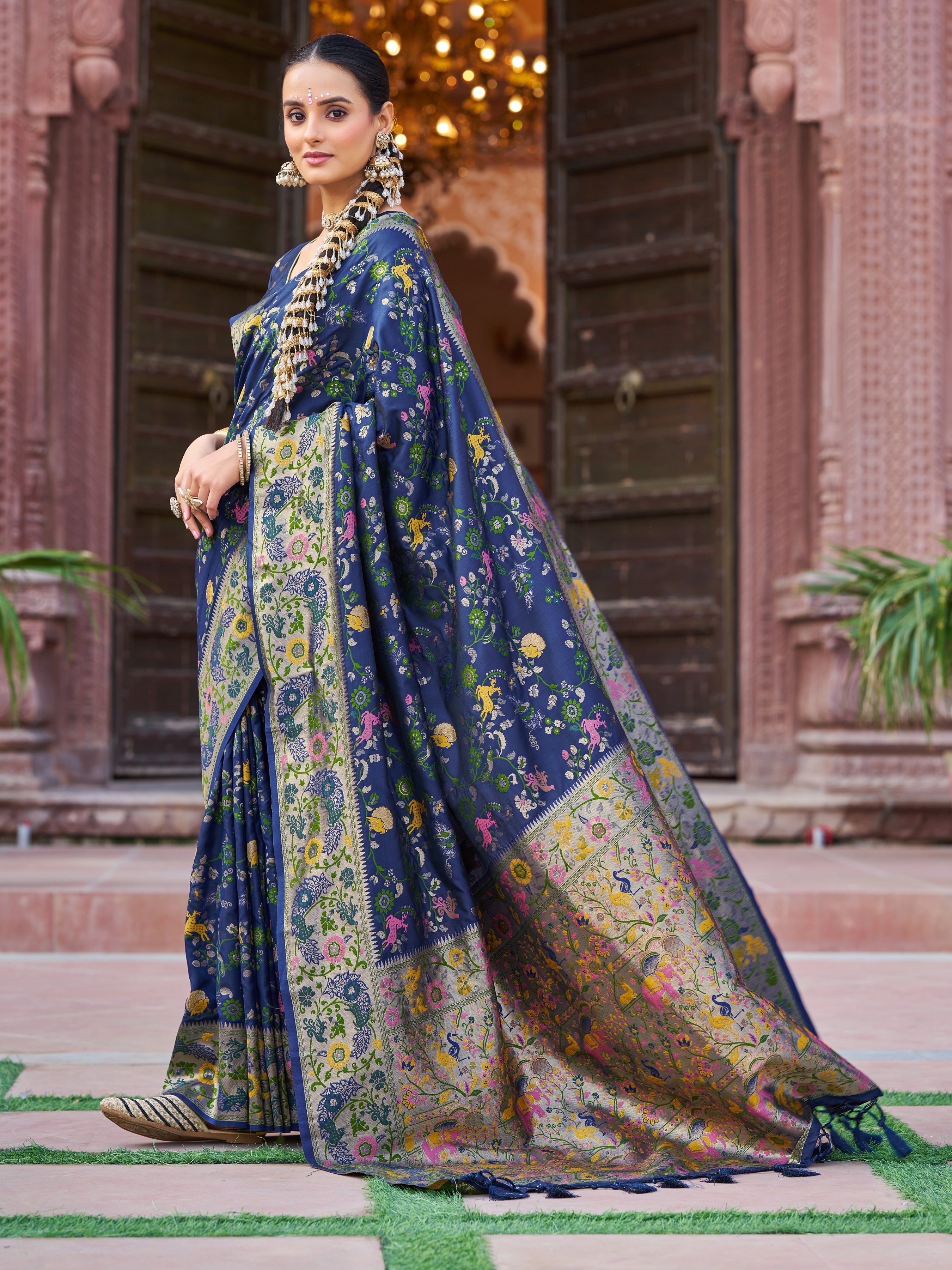 Navy Blue Exquisite Banarasi Jacquard Art Silk Saree with Matching Border Blouse – Perfect for Weddings