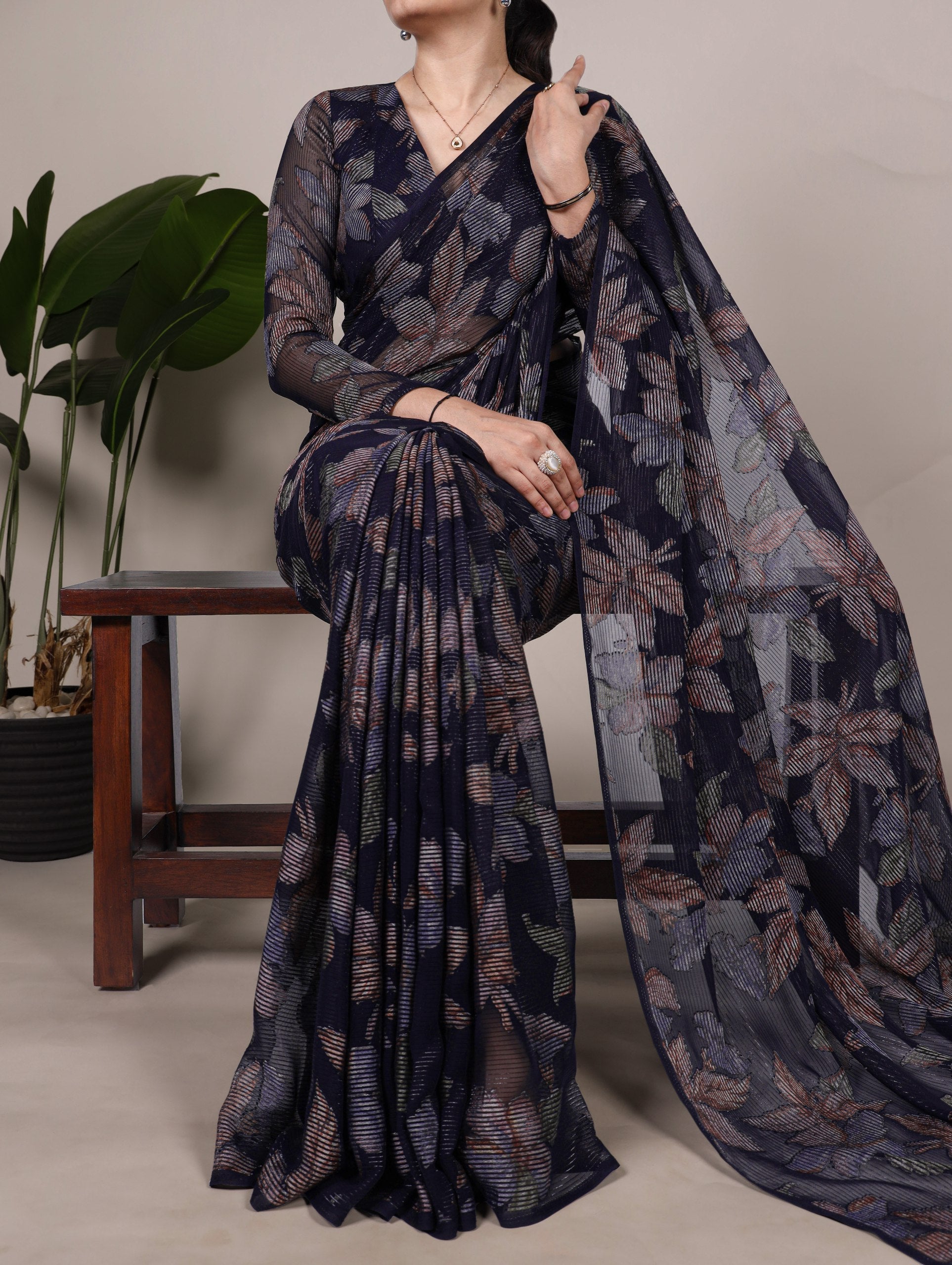 Navy Blue Floral Lurex Brasso Saree with Unstitched Blouse – Elegant Viscose Brasso Work