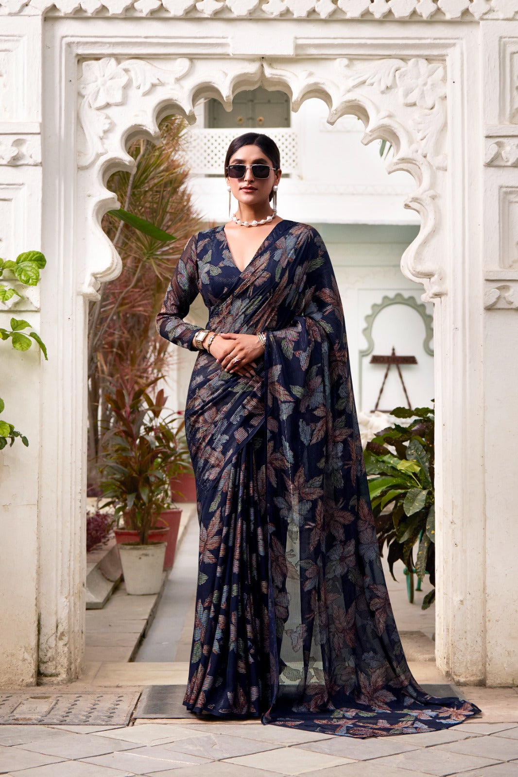 Navy Blue Floral Lurex Brasso Saree with Unstitched Blouse – Elegant Viscose Brasso Work