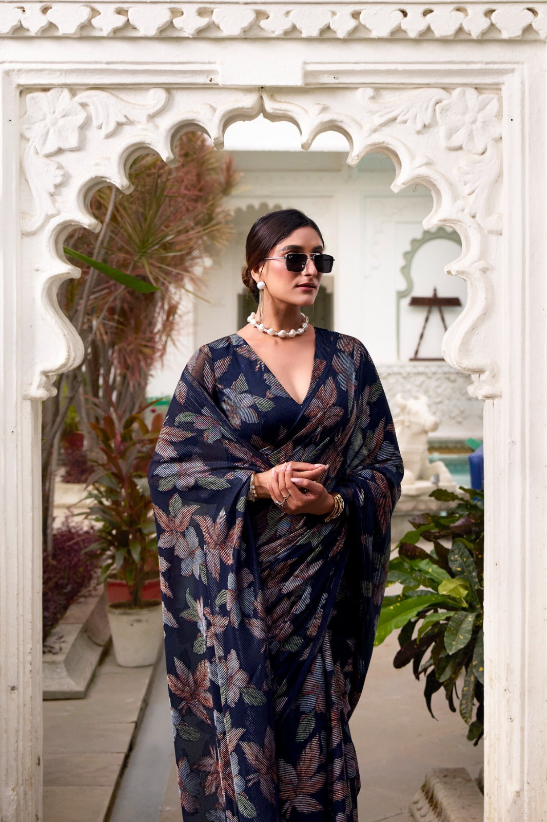 Navy Blue Floral Lurex Brasso Saree with Unstitched Blouse – Elegant Viscose Brasso Work