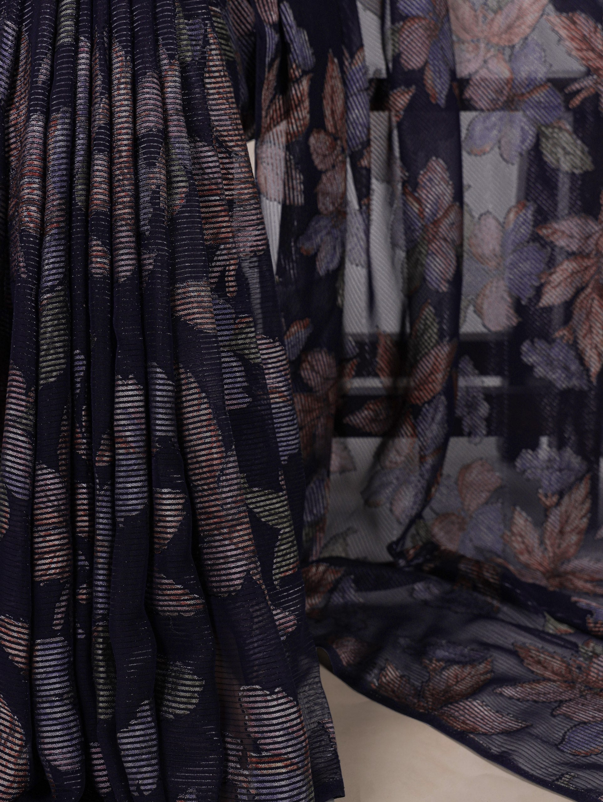 Navy Blue Floral Lurex Brasso Saree with Unstitched Blouse – Elegant Viscose Brasso Work