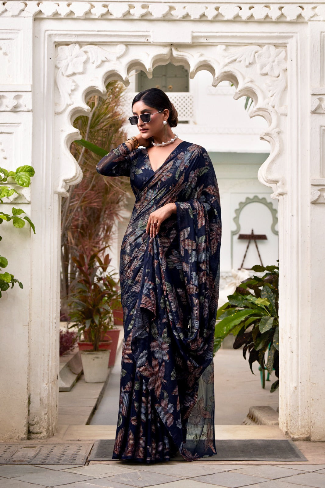 Navy Blue Floral Lurex Brasso Saree with Unstitched Blouse – Elegant Viscose Brasso Work