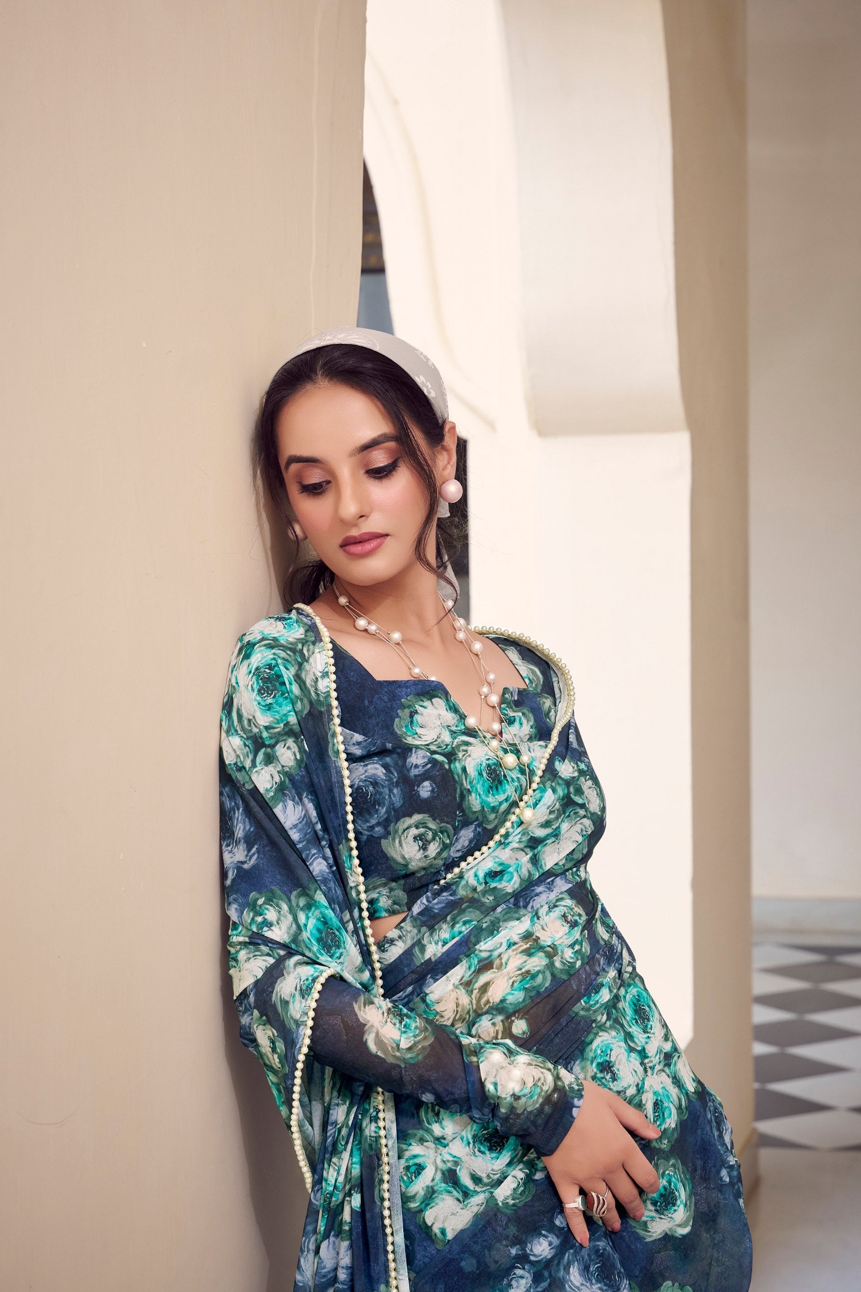 Navy Blue Floral Printed Weightless Marble Saree with Pearl Lace Border