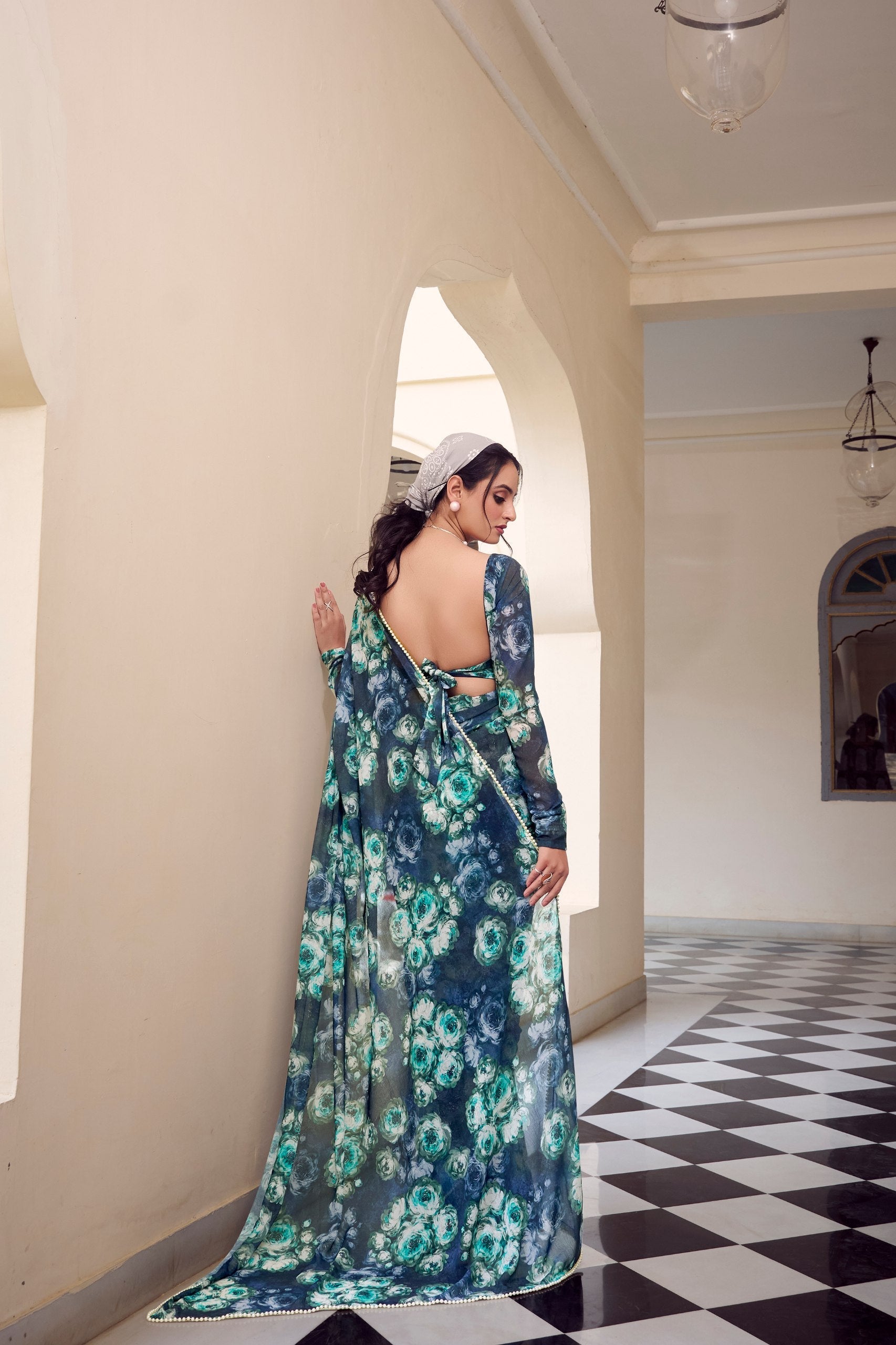 Navy Blue Floral Printed Weightless Marble Saree with Pearl Lace Border