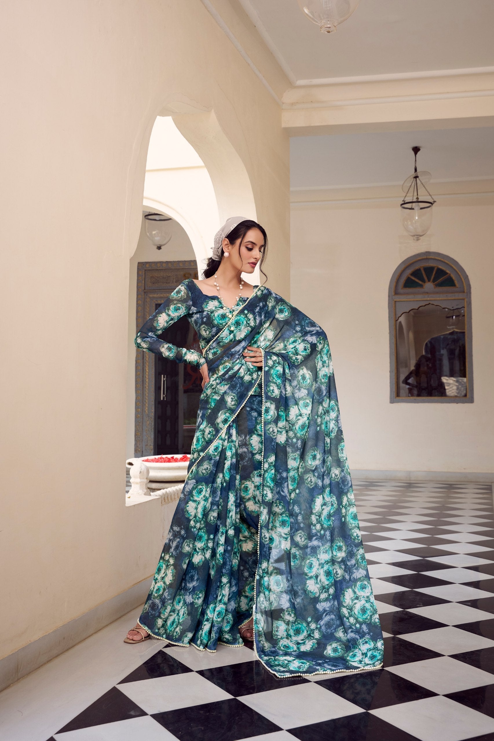 Navy Blue Floral Printed Weightless Marble Saree with Pearl Lace Border