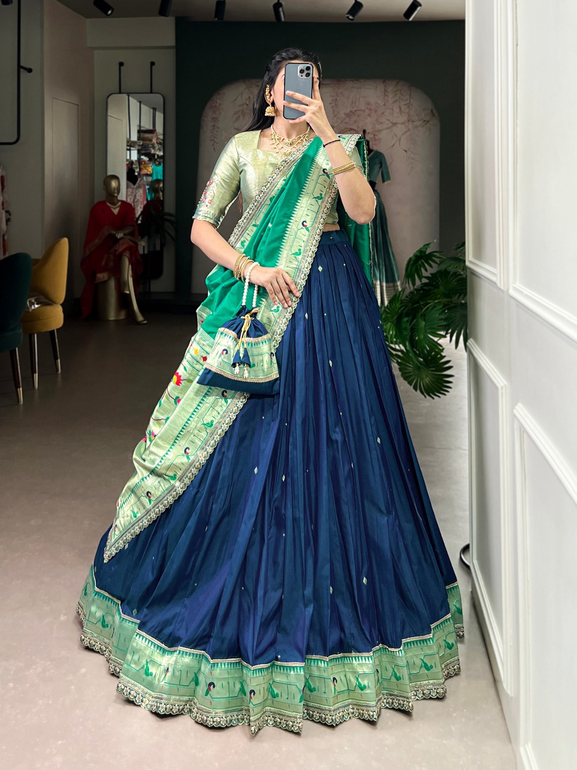 Navy Blue Paithani Lehenga Set with Batwa