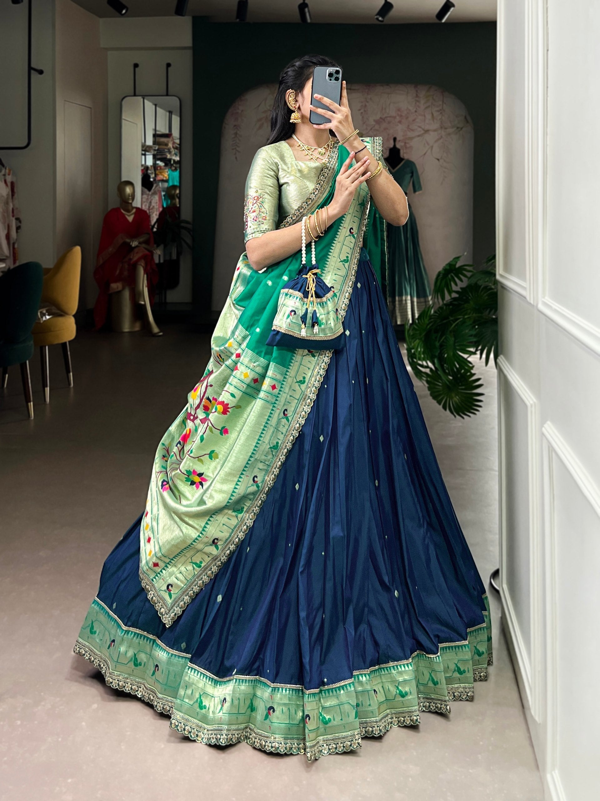 Navy Blue Paithani Lehenga Set with Batwa