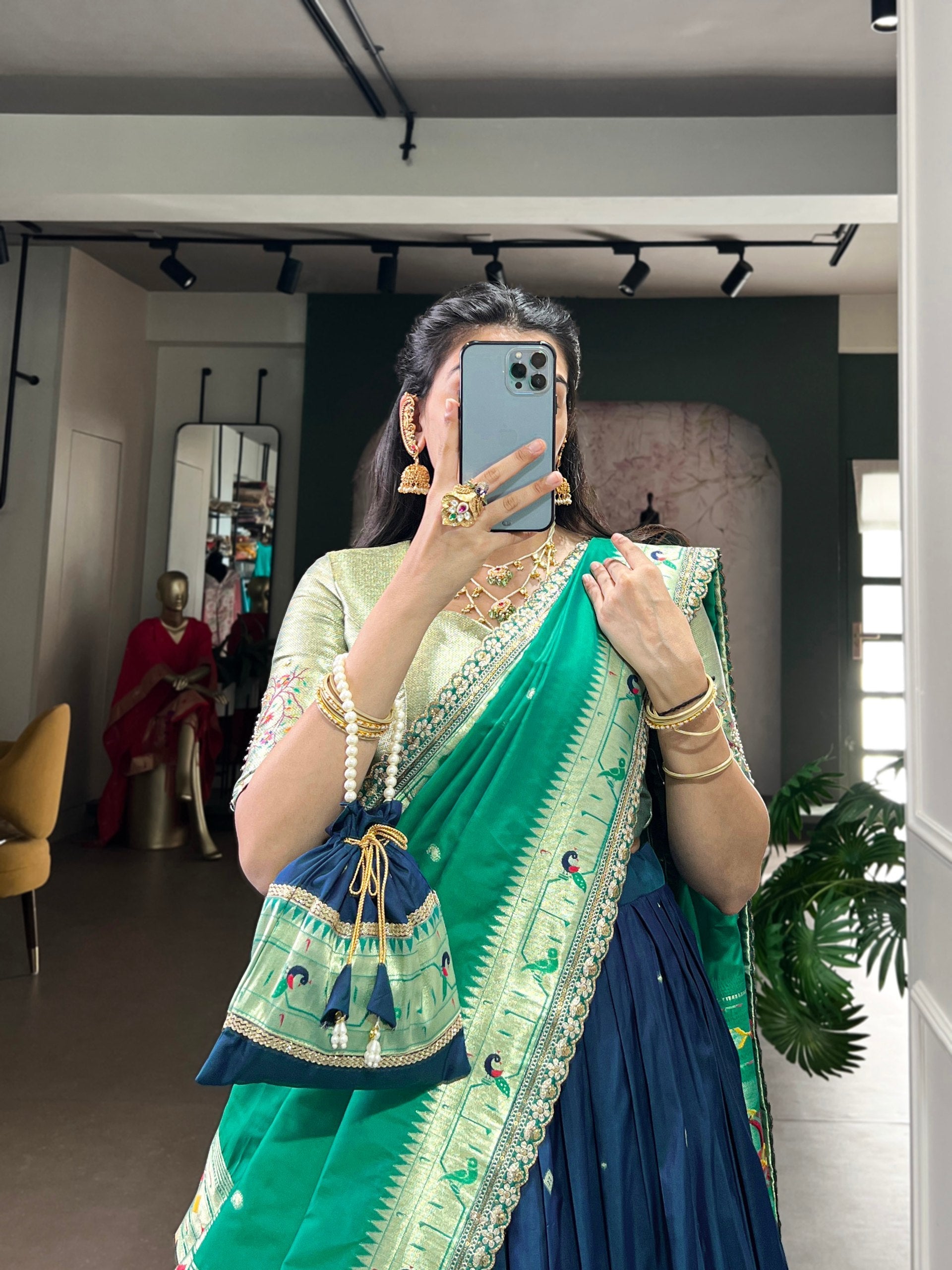 Navy Blue Paithani Lehenga Set with Batwa