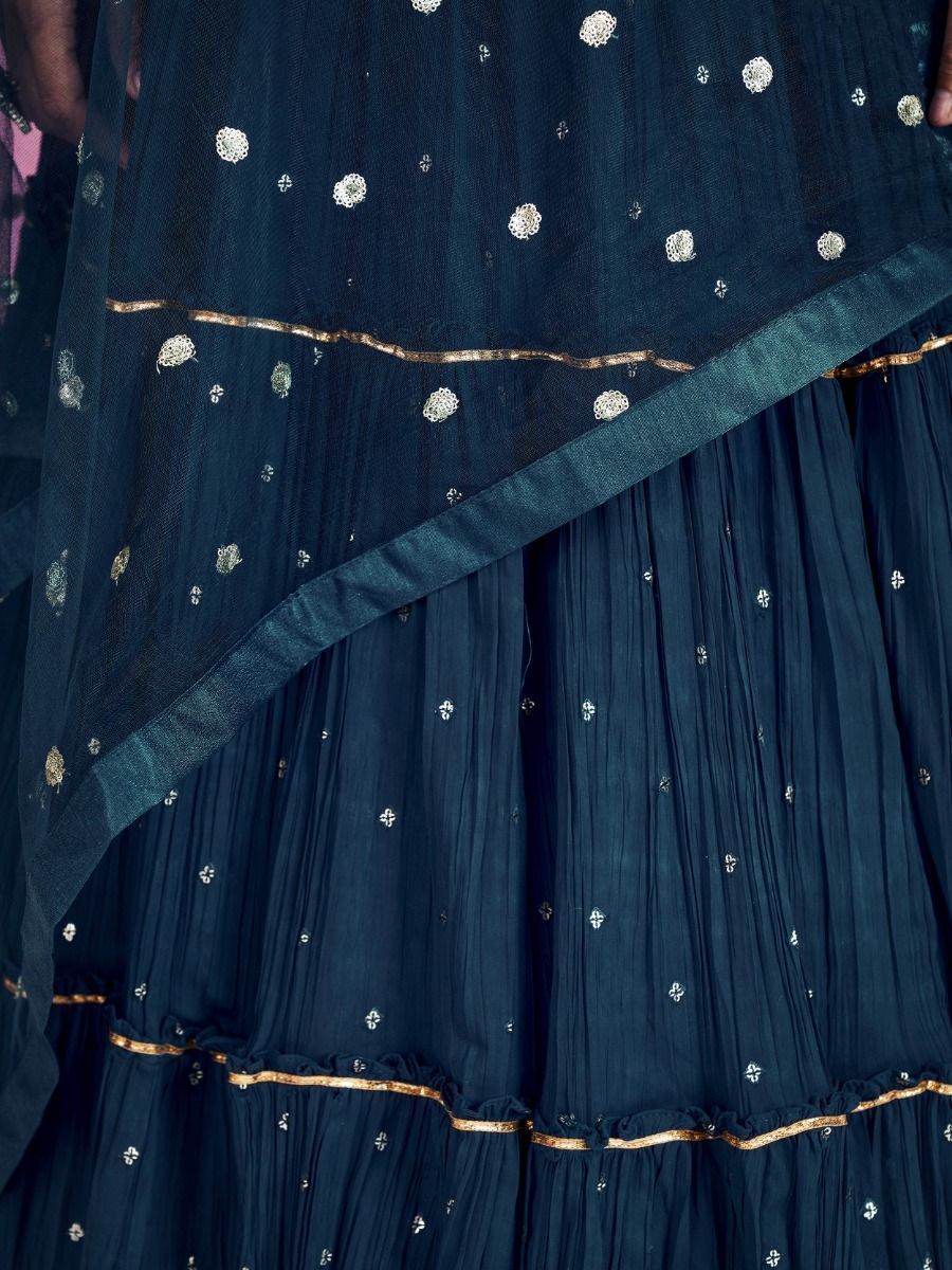 Navy Blue Pakistani Georgette Lehenga Choli For Indian Festivals & Weddings - Sequence Embroidery Work, Thread Embroidery Work, Mirror Work