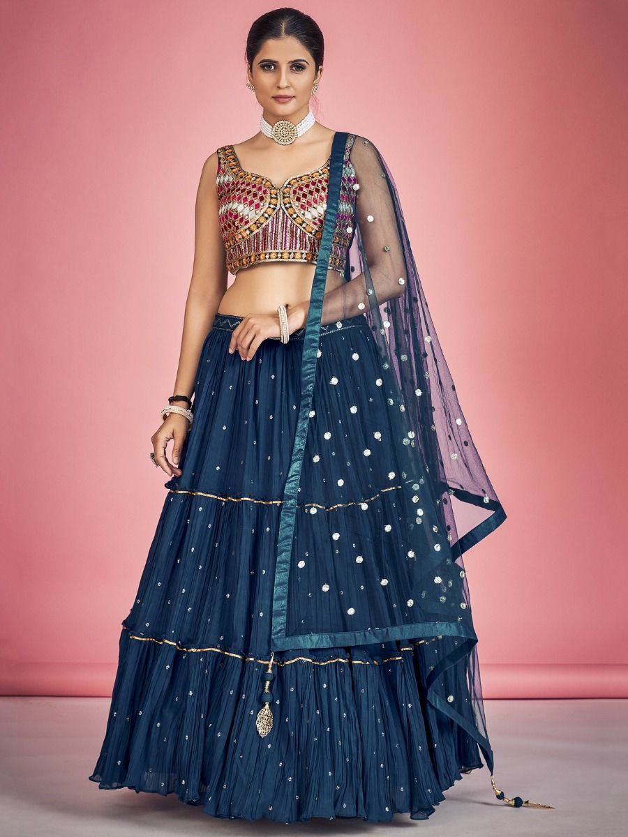 Navy Blue Pakistani Georgette Lehenga Choli For Indian Festivals & Weddings - Sequence Embroidery Work, Thread Embroidery Work, Mirror Work