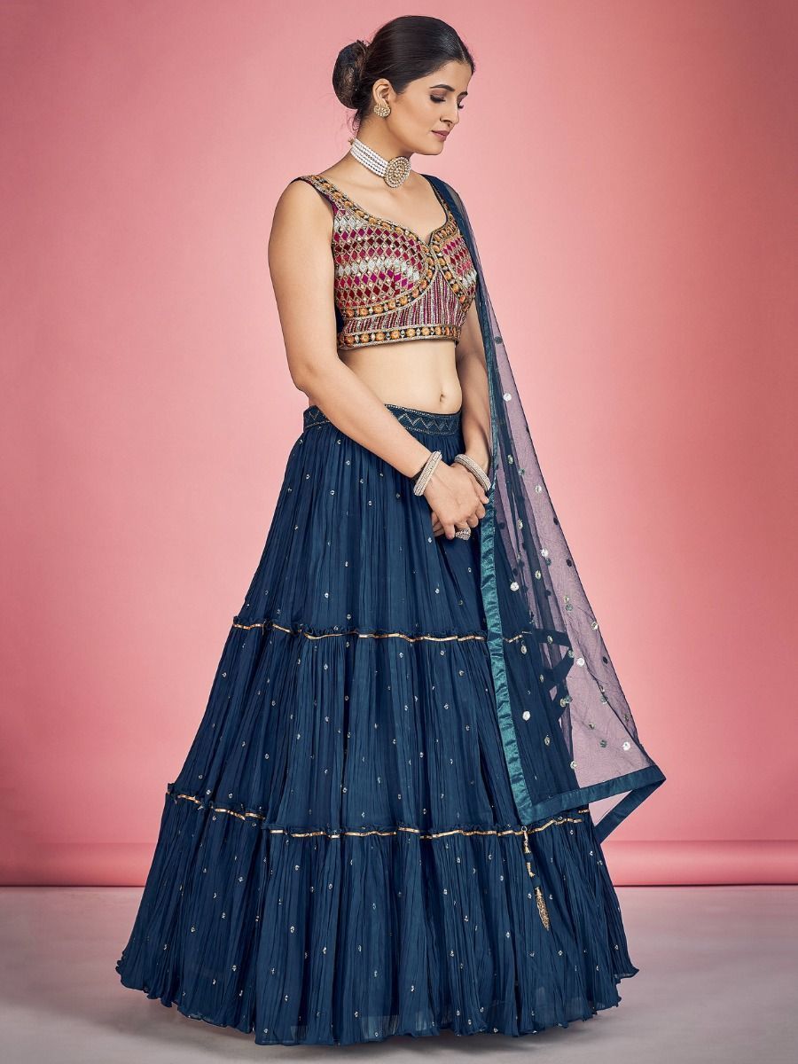 Navy Blue Pakistani Georgette Lehenga Choli For Indian Festivals & Weddings - Sequence Embroidery Work, Thread Embroidery Work, Mirror Work