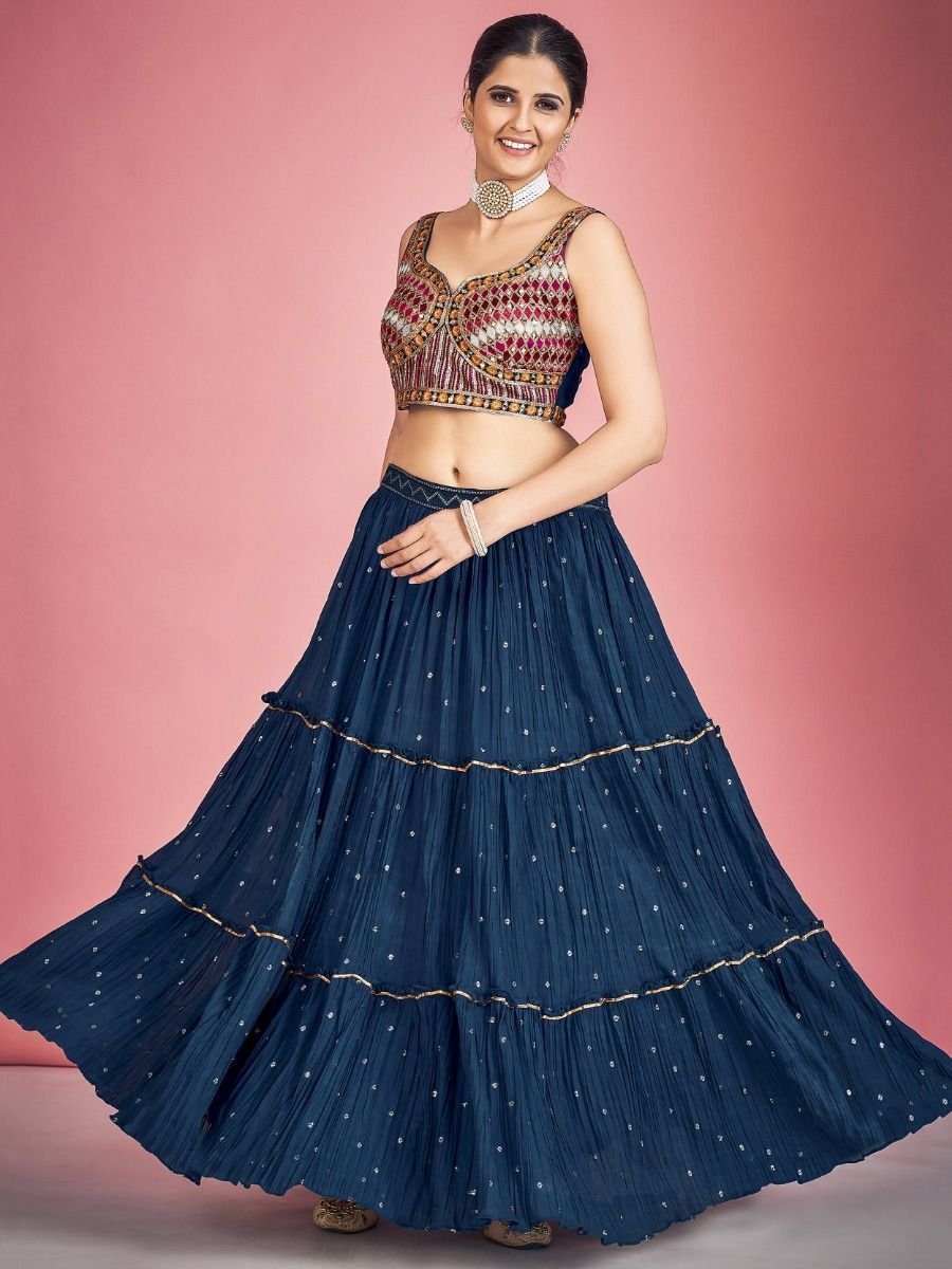 Navy Blue Pakistani Georgette Lehenga Choli For Indian Festivals & Weddings - Sequence Embroidery Work, Thread Embroidery Work, Mirror Work