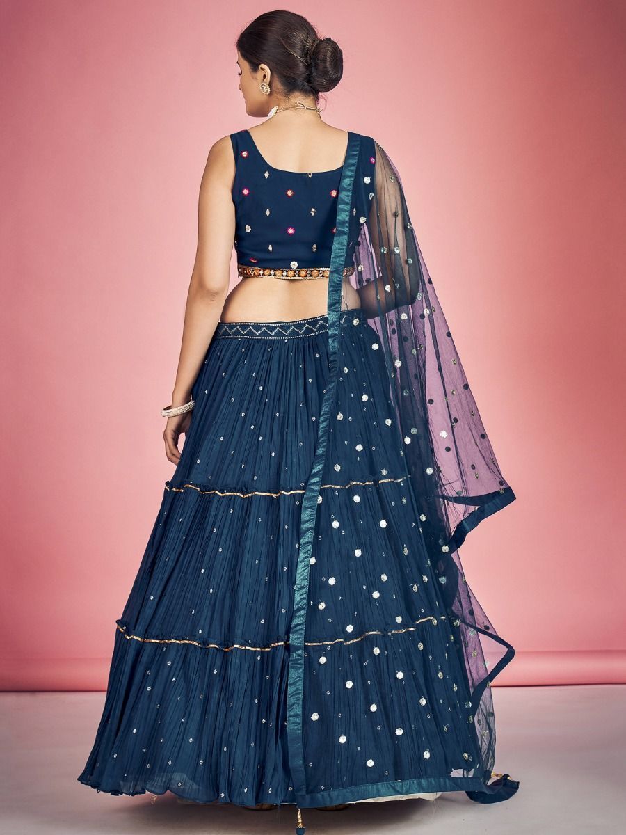 Navy Blue Pakistani Georgette Lehenga Choli For Indian Festivals & Weddings - Sequence Embroidery Work, Thread Embroidery Work, Mirror Work