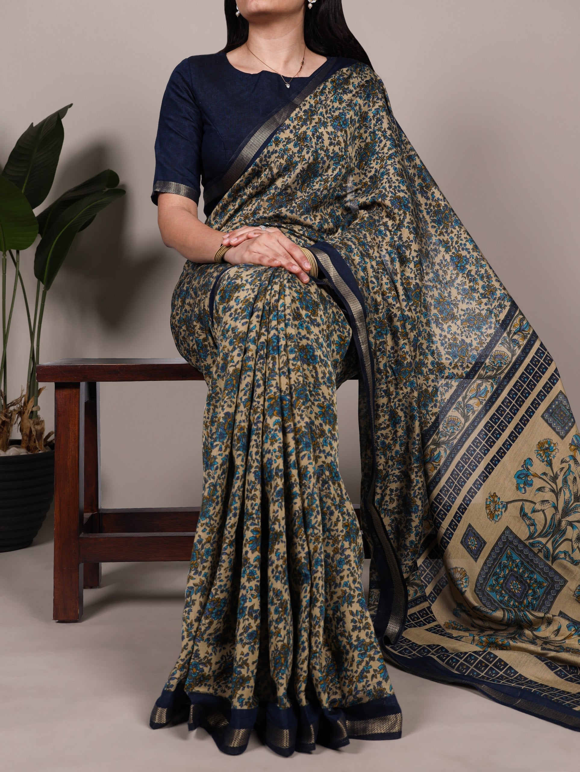 Navy Blue Printed Chanderi Polyester Viscose Saree with Zari Weaving Work & Unstitched Blouse — Festive & Traditional Party Wear Saree for Women