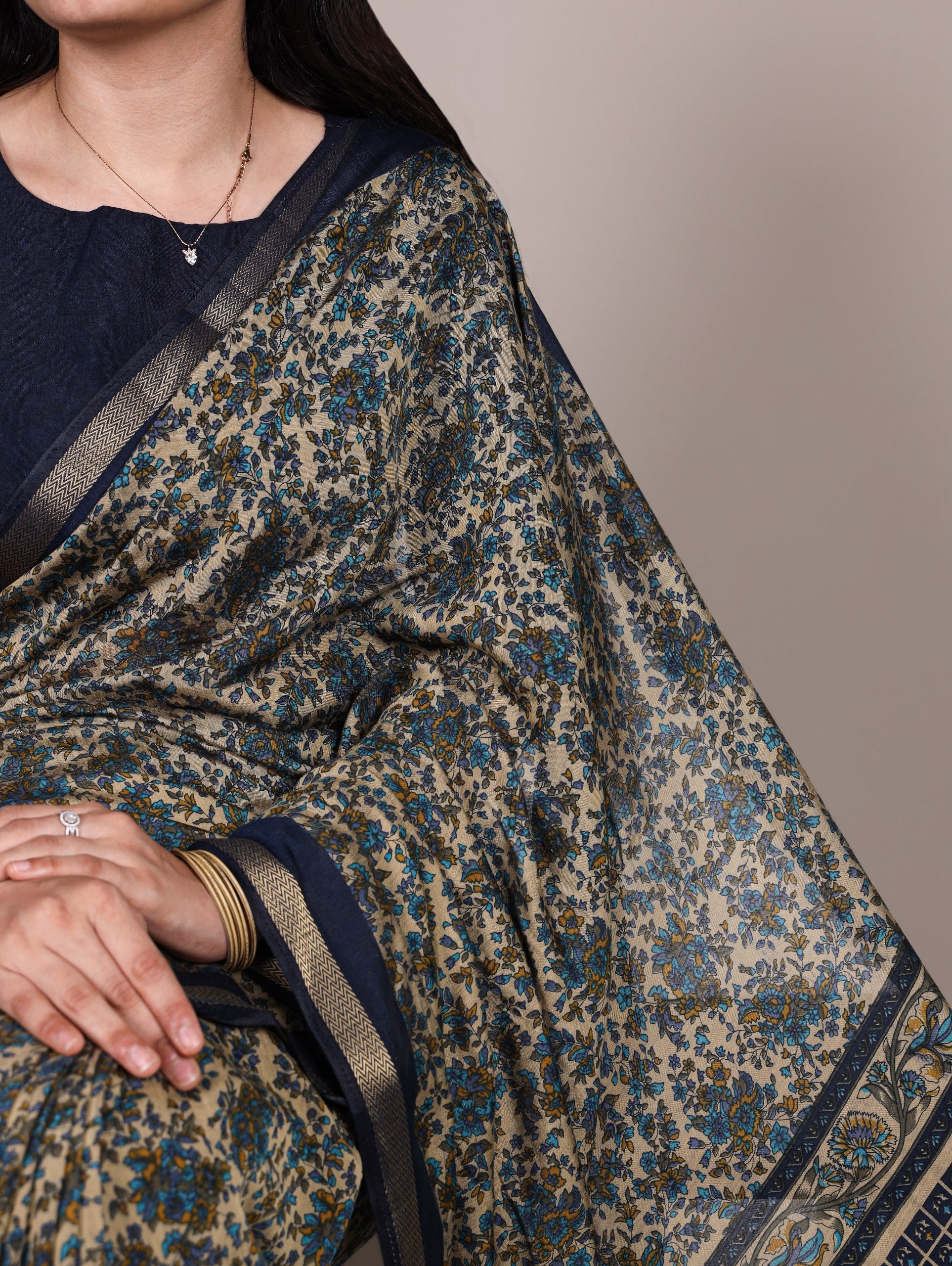 Navy Blue Printed Chanderi Polyester Viscose Saree with Zari Weaving Work & Unstitched Blouse — Festive & Traditional Party Wear Saree for Women