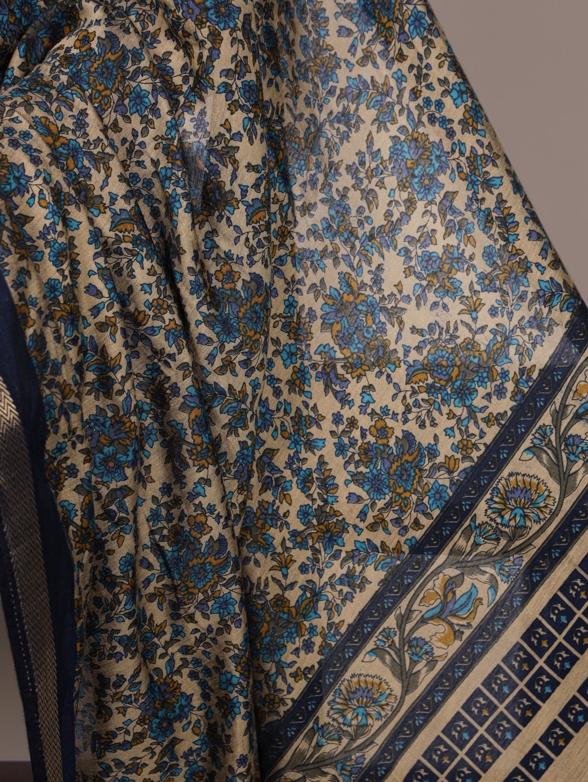 Navy Blue Printed Chanderi Polyester Viscose Saree with Zari Weaving Work & Unstitched Blouse — Festive & Traditional Party Wear Saree for Women