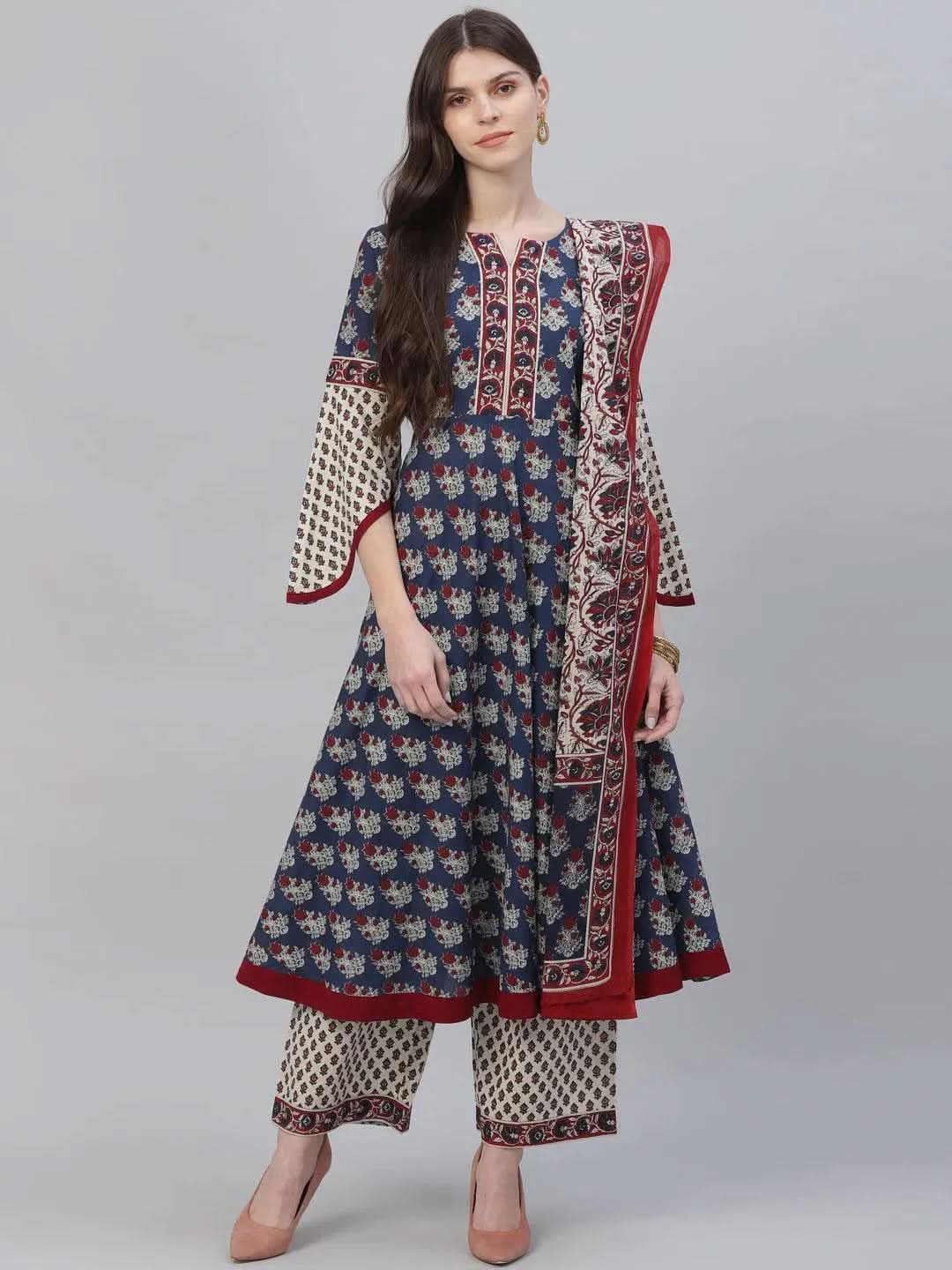 Anouk Navy Blue Printed Cotton Anarkali Kurta With Palazzos & Dupatta