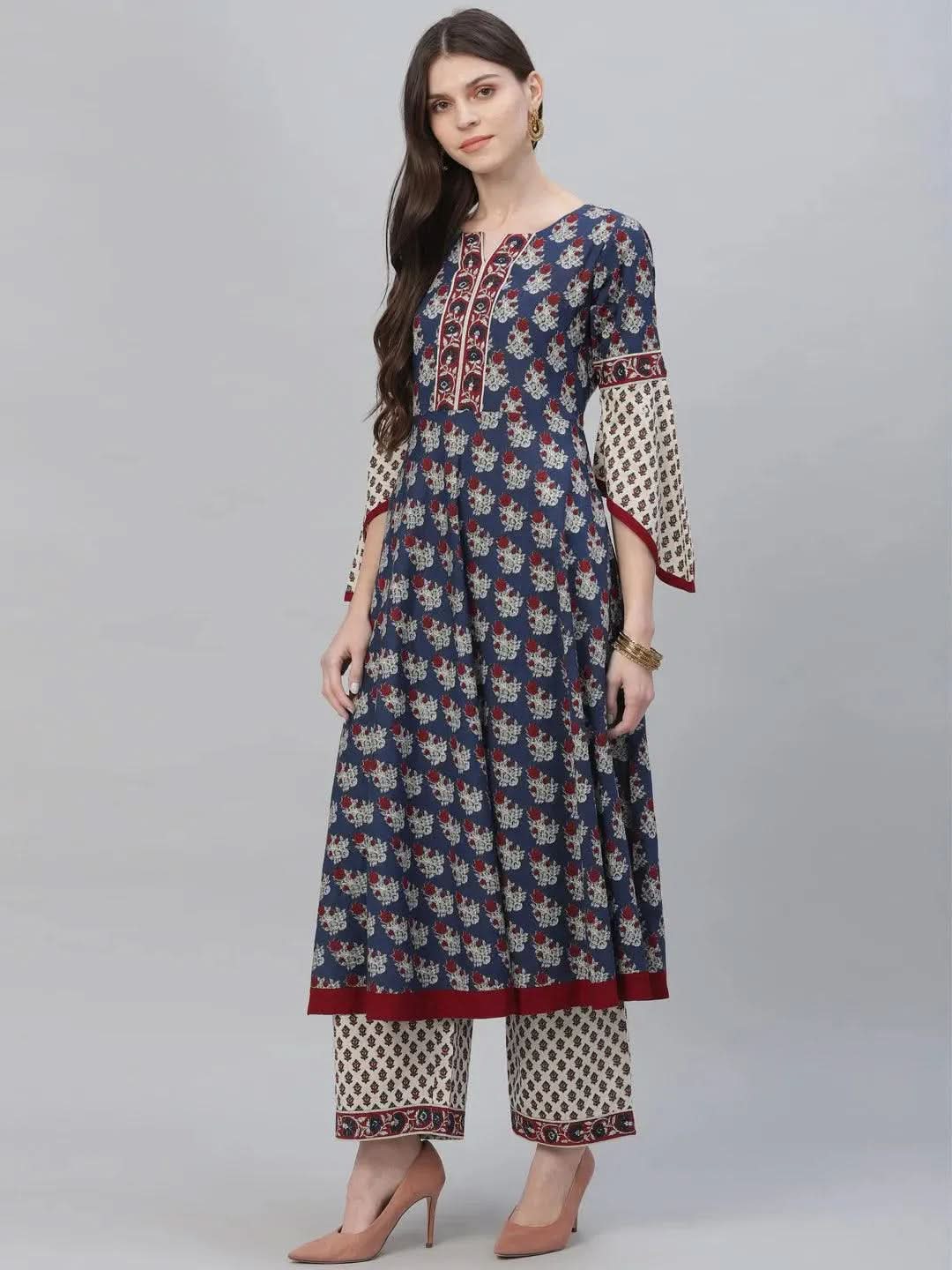 Anouk Navy Blue Printed Cotton Anarkali Kurta With Palazzos & Dupatta