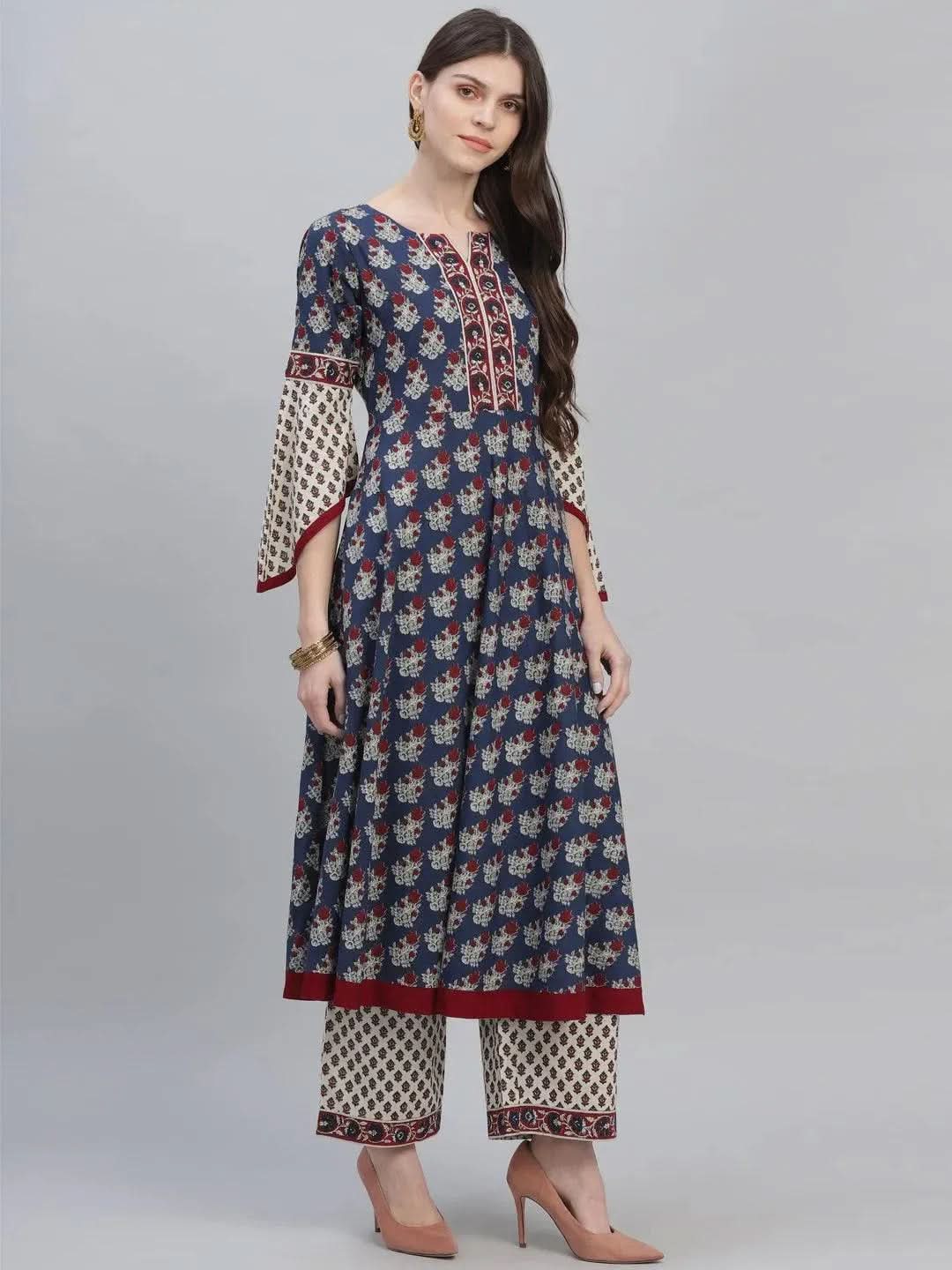 Anouk Navy Blue Printed Cotton Anarkali Kurta With Palazzos & Dupatta