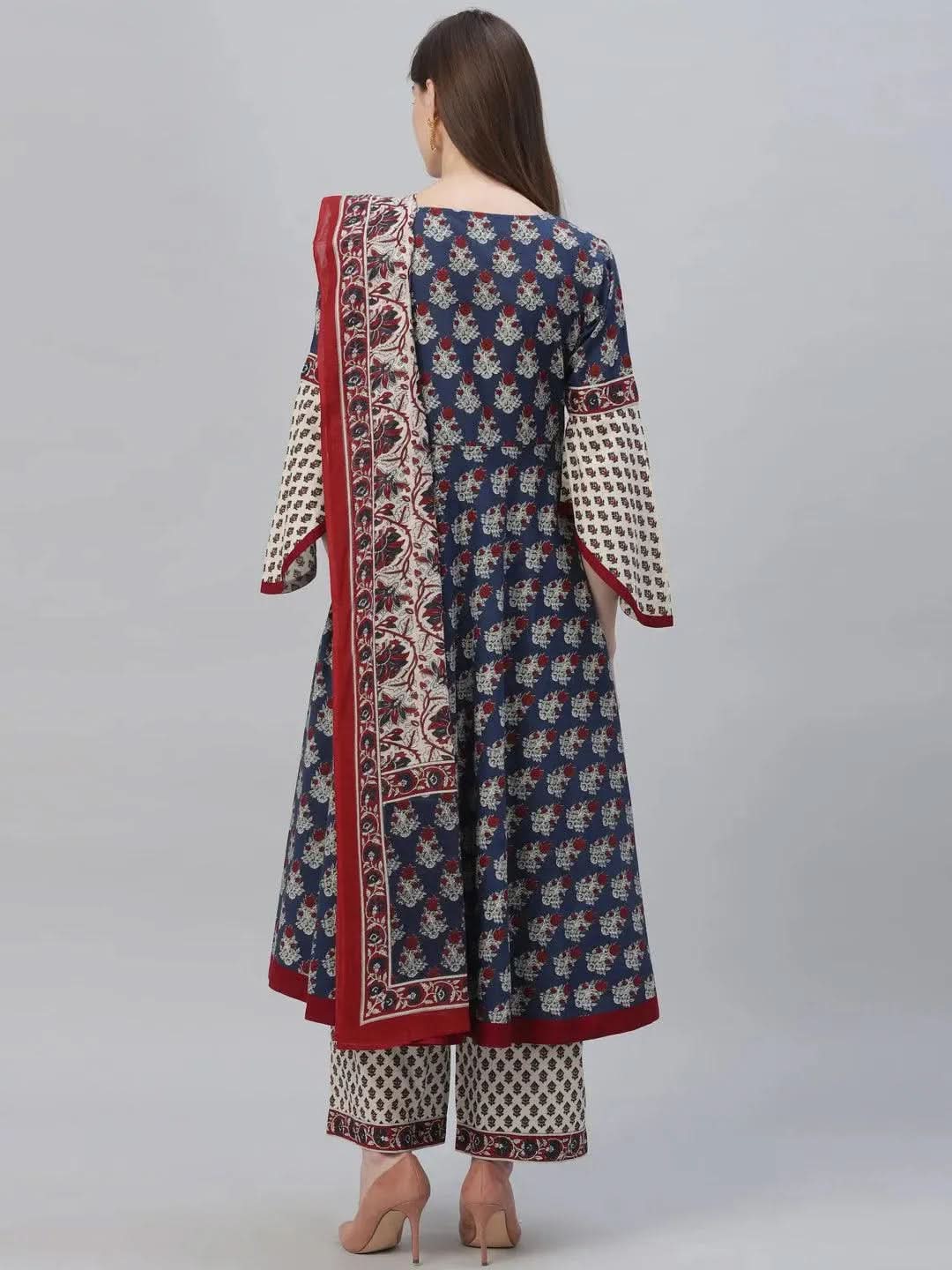 Anouk Navy Blue Printed Cotton Anarkali Kurta With Palazzos & Dupatta
