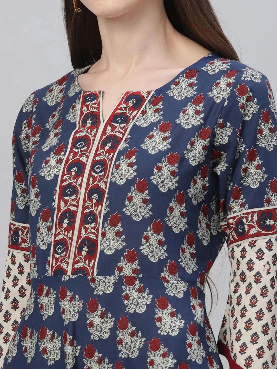 Anouk Navy Blue Printed Cotton Anarkali Kurta With Palazzos & Dupatta
