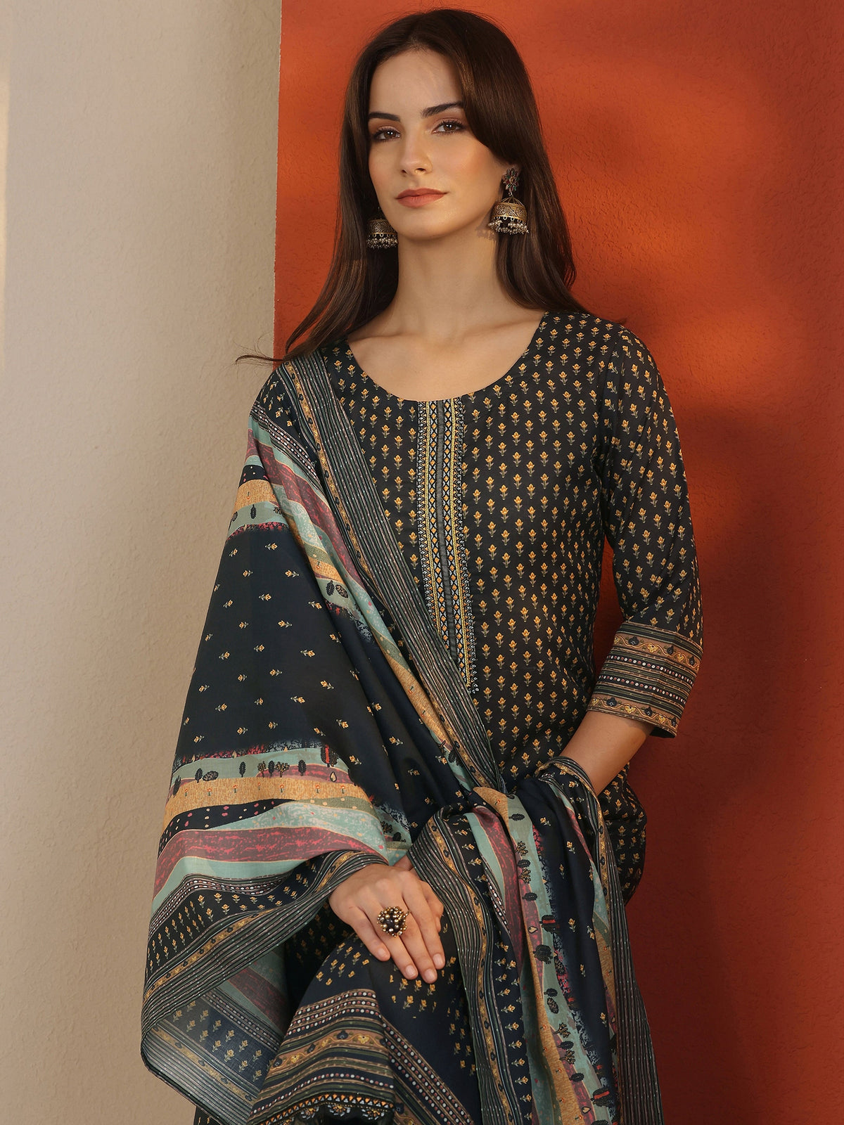 Anouk Navy Blue Printed Cotton Straight Suit Set With Dupatta