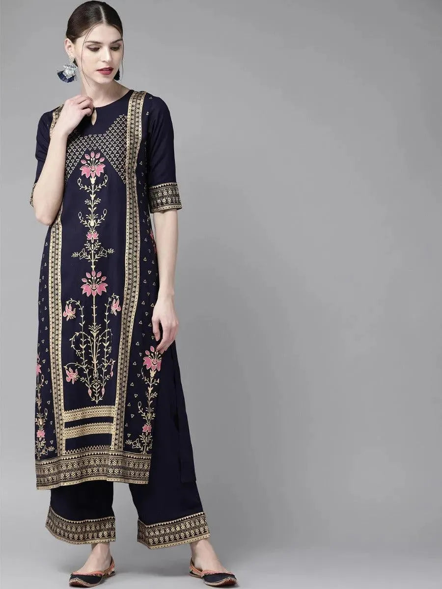 Anouk Navy Blue Printed Rayon Straight Kurta With Palazzos