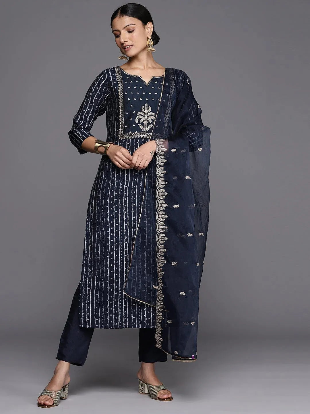 Anouk Navy Blue Printed Silk Blend Straight Kurta With Trousers & Dupatta