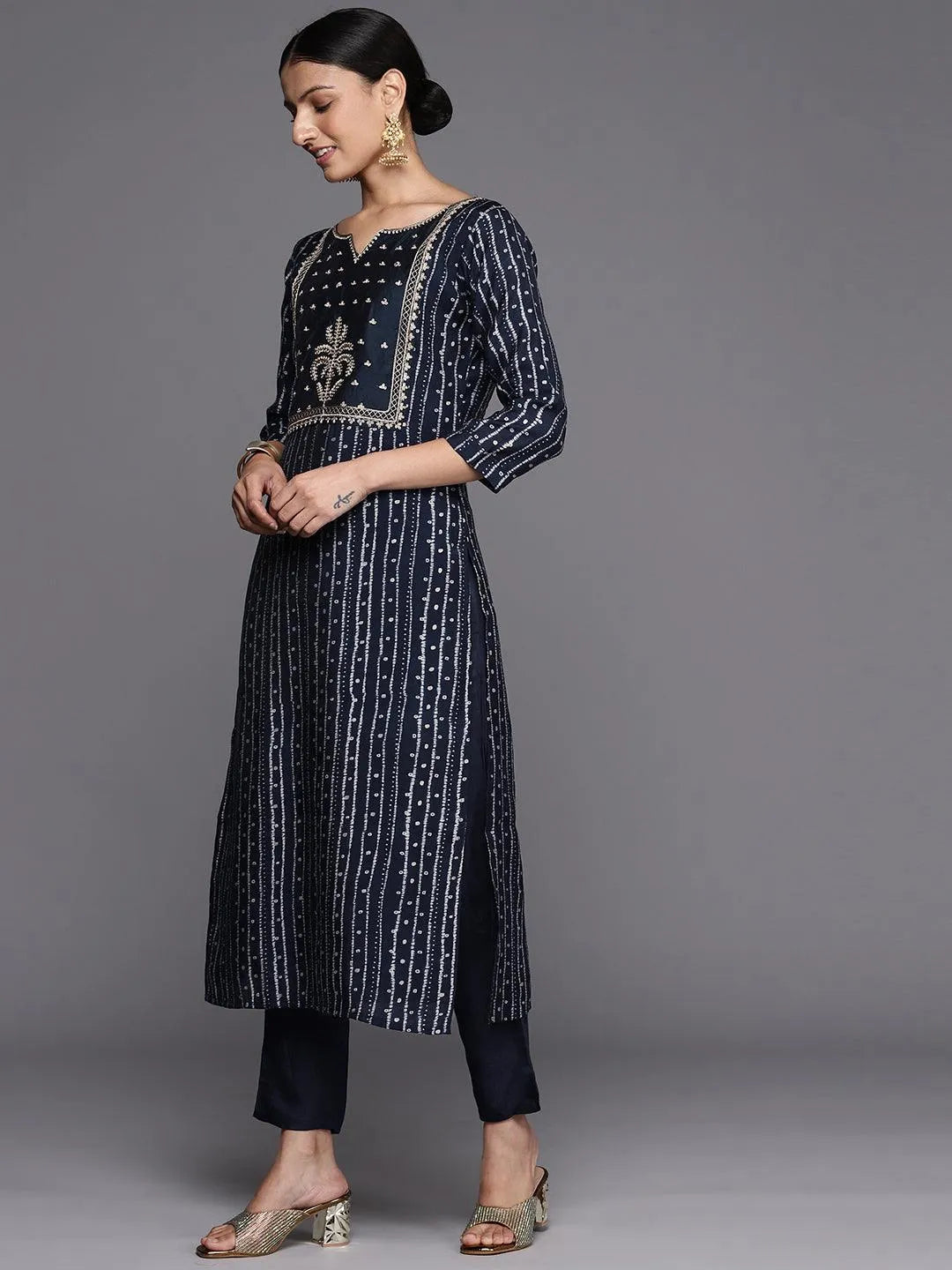 Anouk Navy Blue Printed Silk Blend Straight Kurta With Trousers & Dupatta