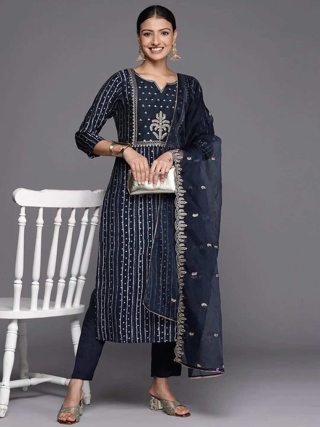 Anouk Navy Blue Printed Silk Blend Straight Kurta With Trousers & Dupatta