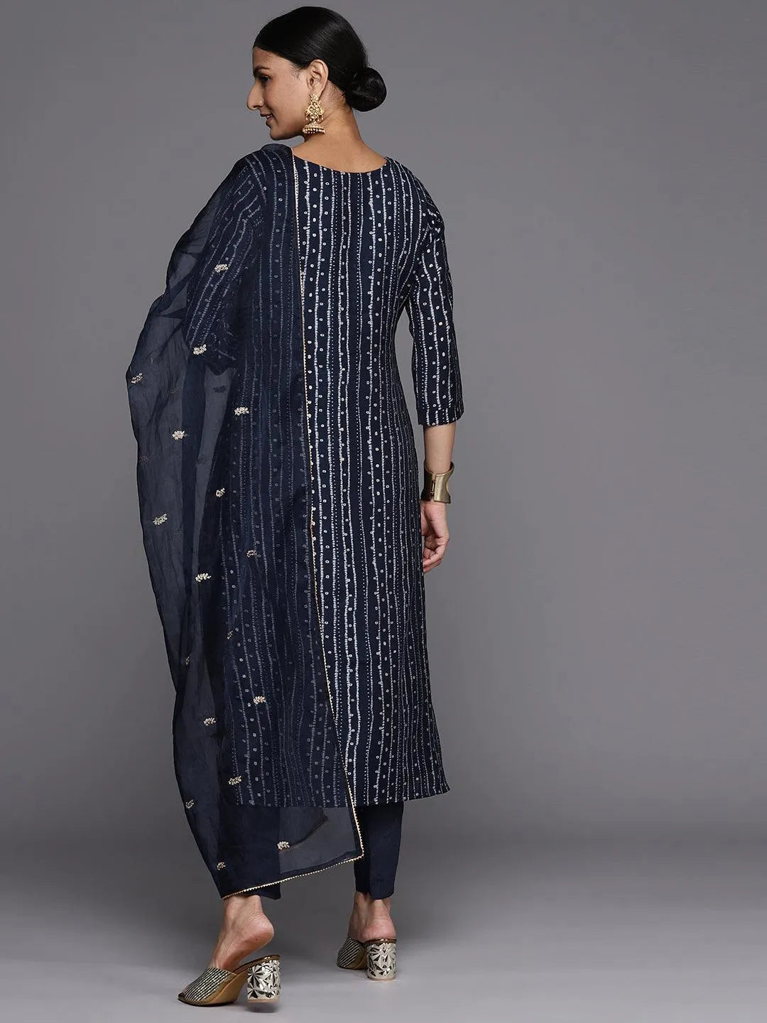 Anouk Navy Blue Printed Silk Blend Straight Kurta With Trousers & Dupatta