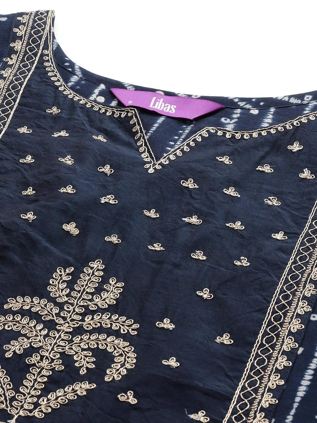 Anouk Navy Blue Printed Silk Blend Straight Kurta With Trousers & Dupatta