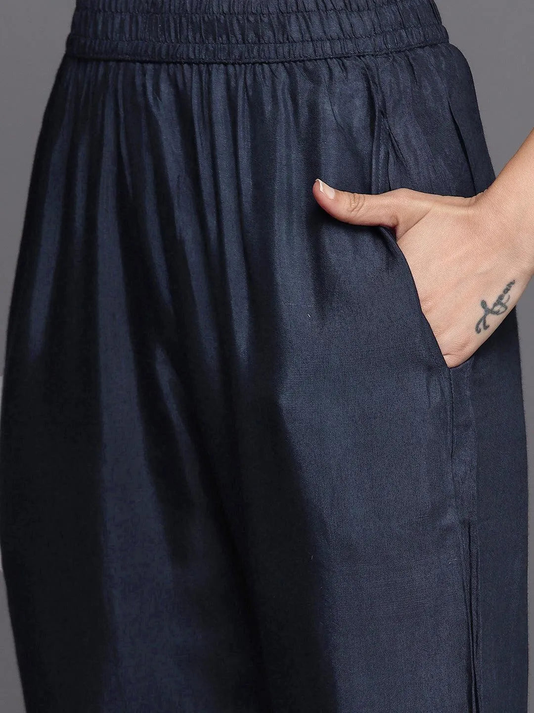 Anouk Navy Blue Printed Silk Blend Straight Kurta With Trousers & Dupatta