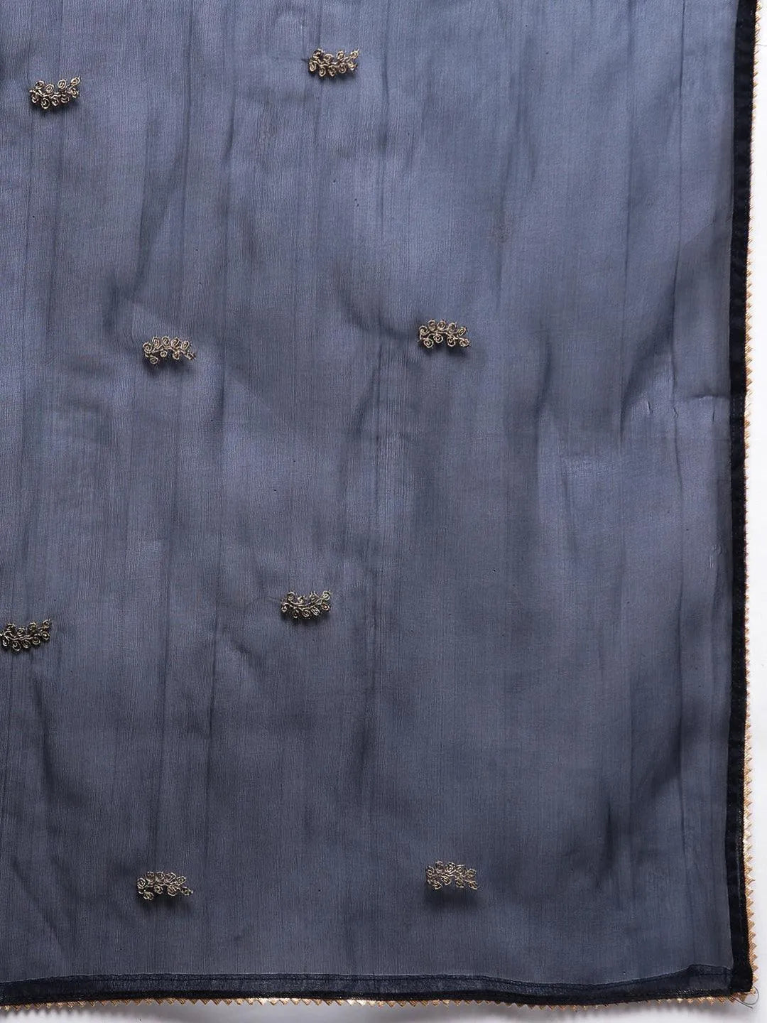 Anouk Navy Blue Printed Silk Blend Straight Kurta With Trousers & Dupatta