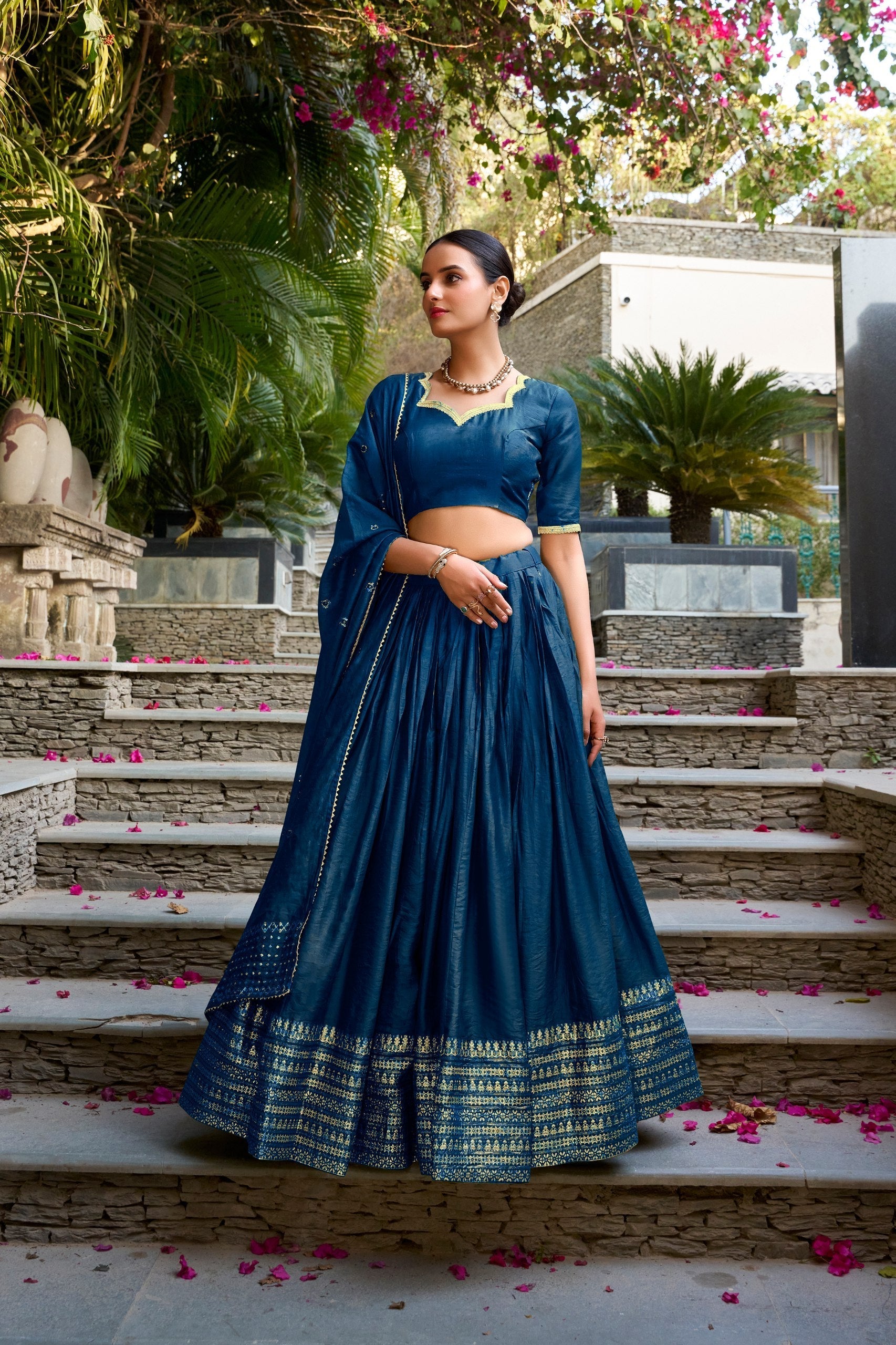 Navy Blue Pure Chanderi Zari Weaving Lehenga Choli Set with 4-Meter Flair & Sequins Embroidered Dupatta