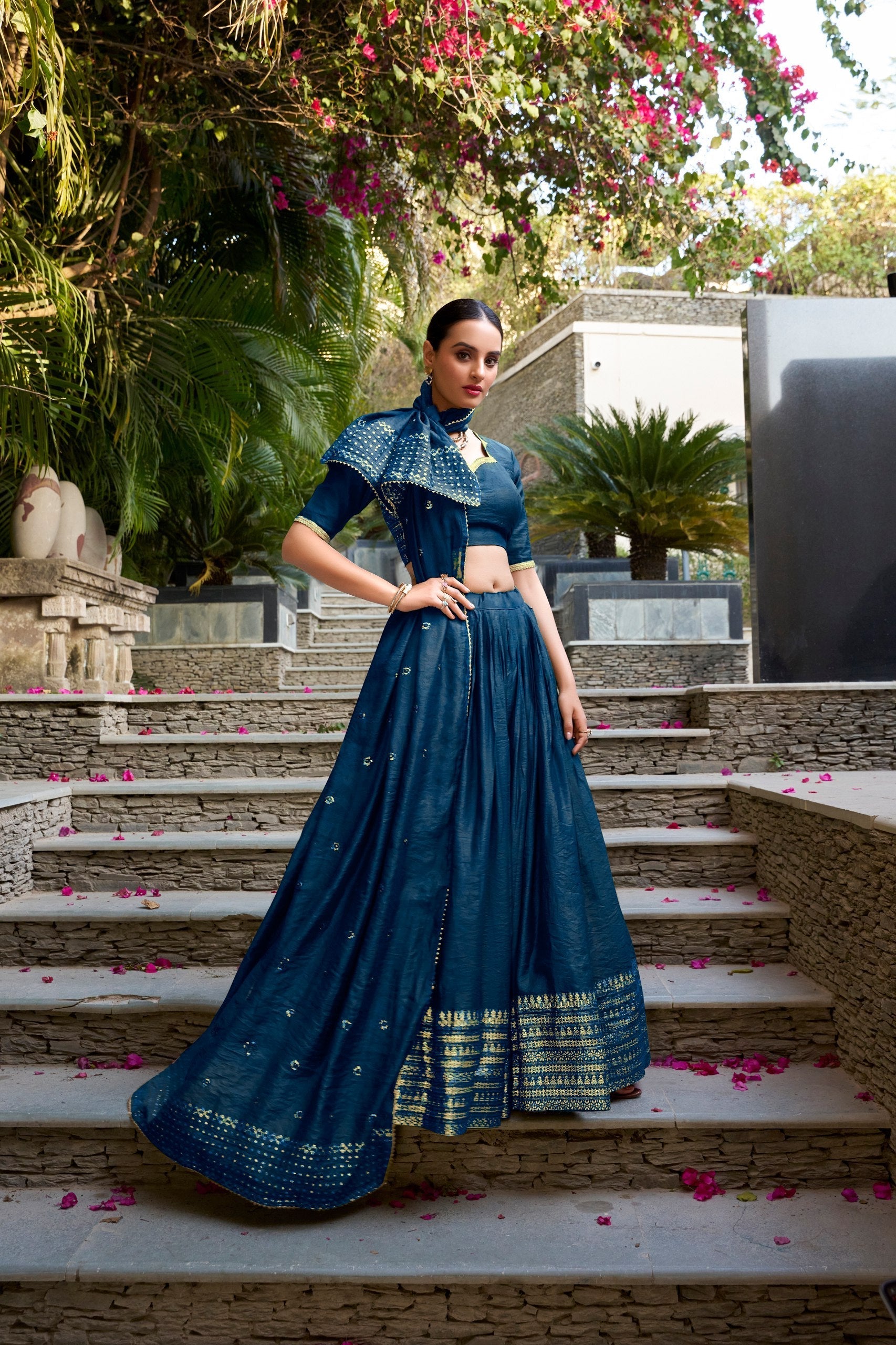 Navy Blue Pure Chanderi Zari Weaving Lehenga Choli Set with 4-Meter Flair & Sequins Embroidered Dupatta