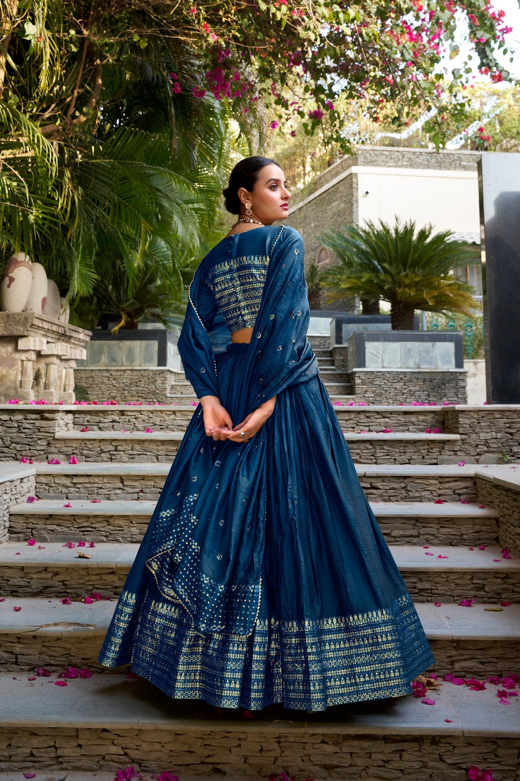 Navy Blue Pure Chanderi Zari Weaving Lehenga Choli Set with 4-Meter Flair & Sequins Embroidered Dupatta