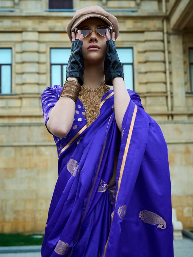 Navy Blue Regal Banarasi Satin Silk Saree – Timeless Elegance