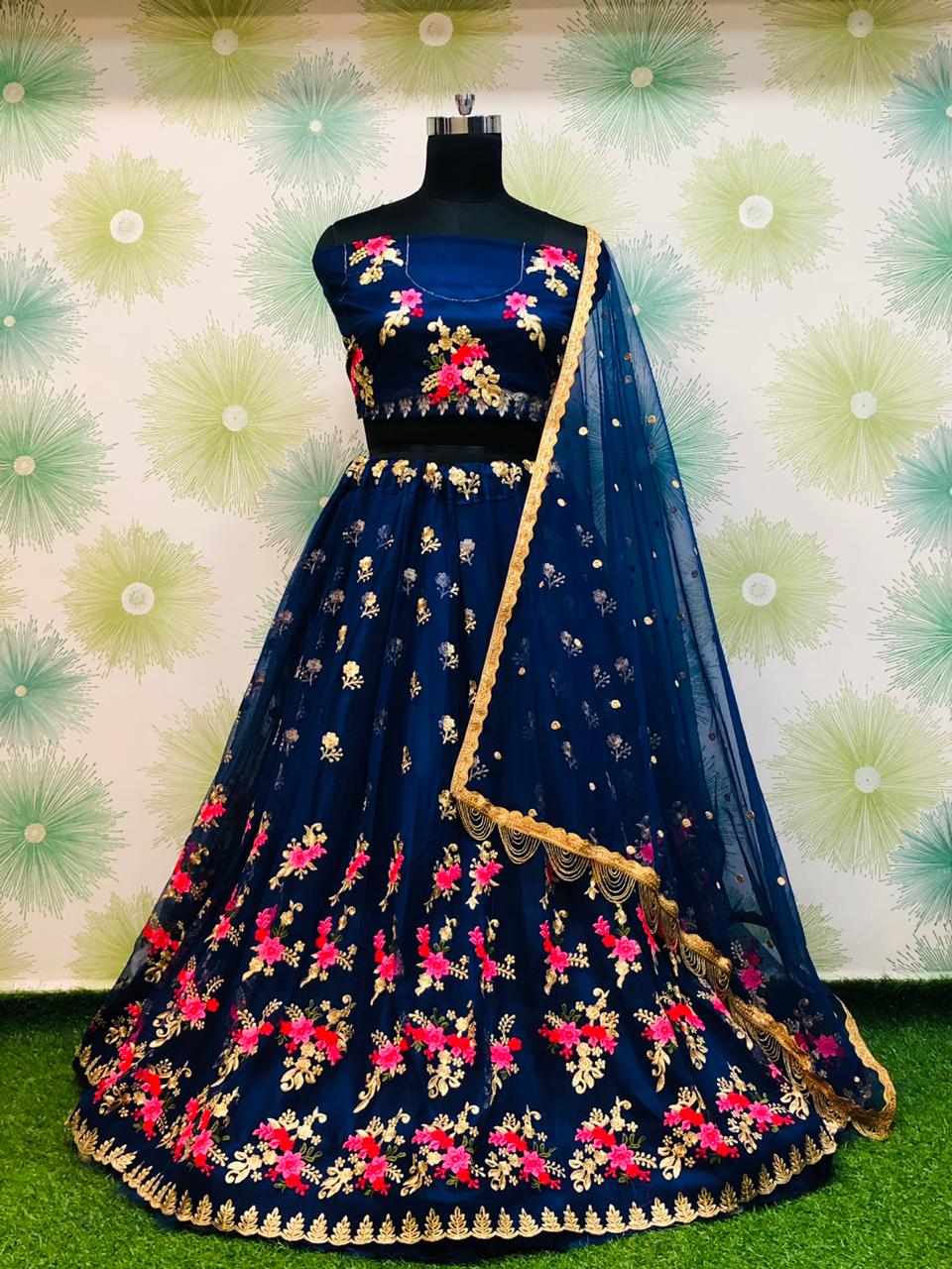 Navy Blue Royal Heavy Net Embroidered Lehenga Set – Zari & Thread Work