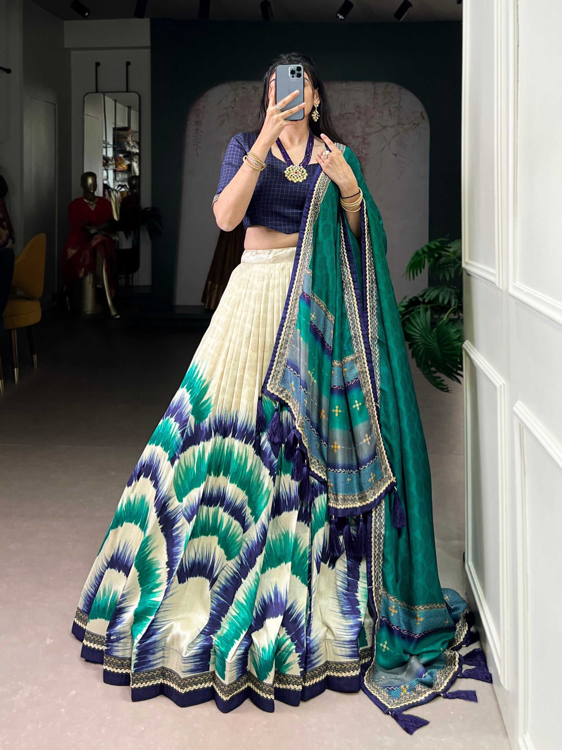 Navy Blue Royal Tie‑Dye Dream Lehenga Set – Handcrafted Tasar Silk with Lace & Tassel Dupatta