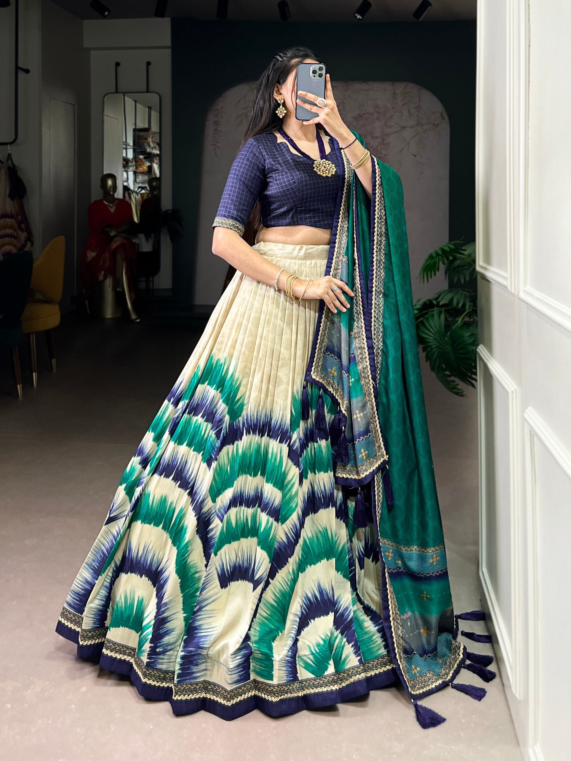 Navy Blue Royal Tie‑Dye Dream Lehenga Set – Handcrafted Tasar Silk with Lace & Tassel Dupatta