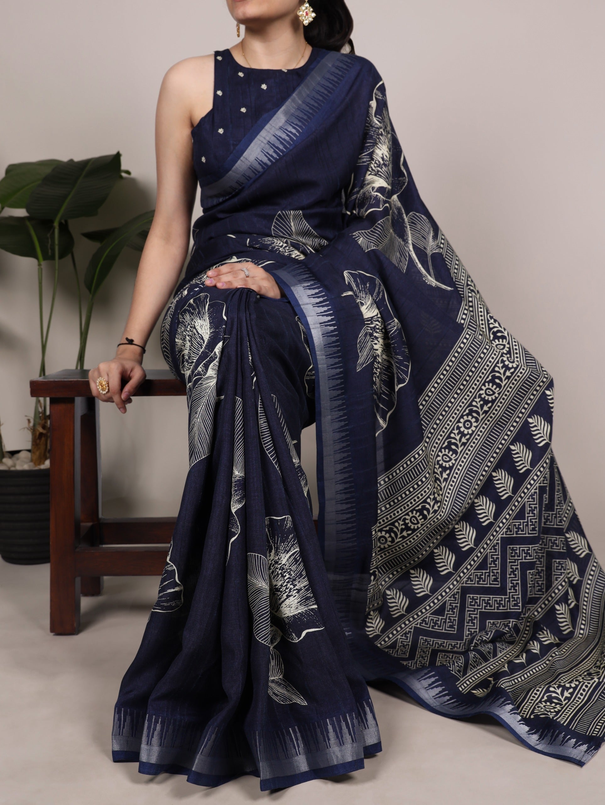 Navy Blue Silk Floral Printed Saree
