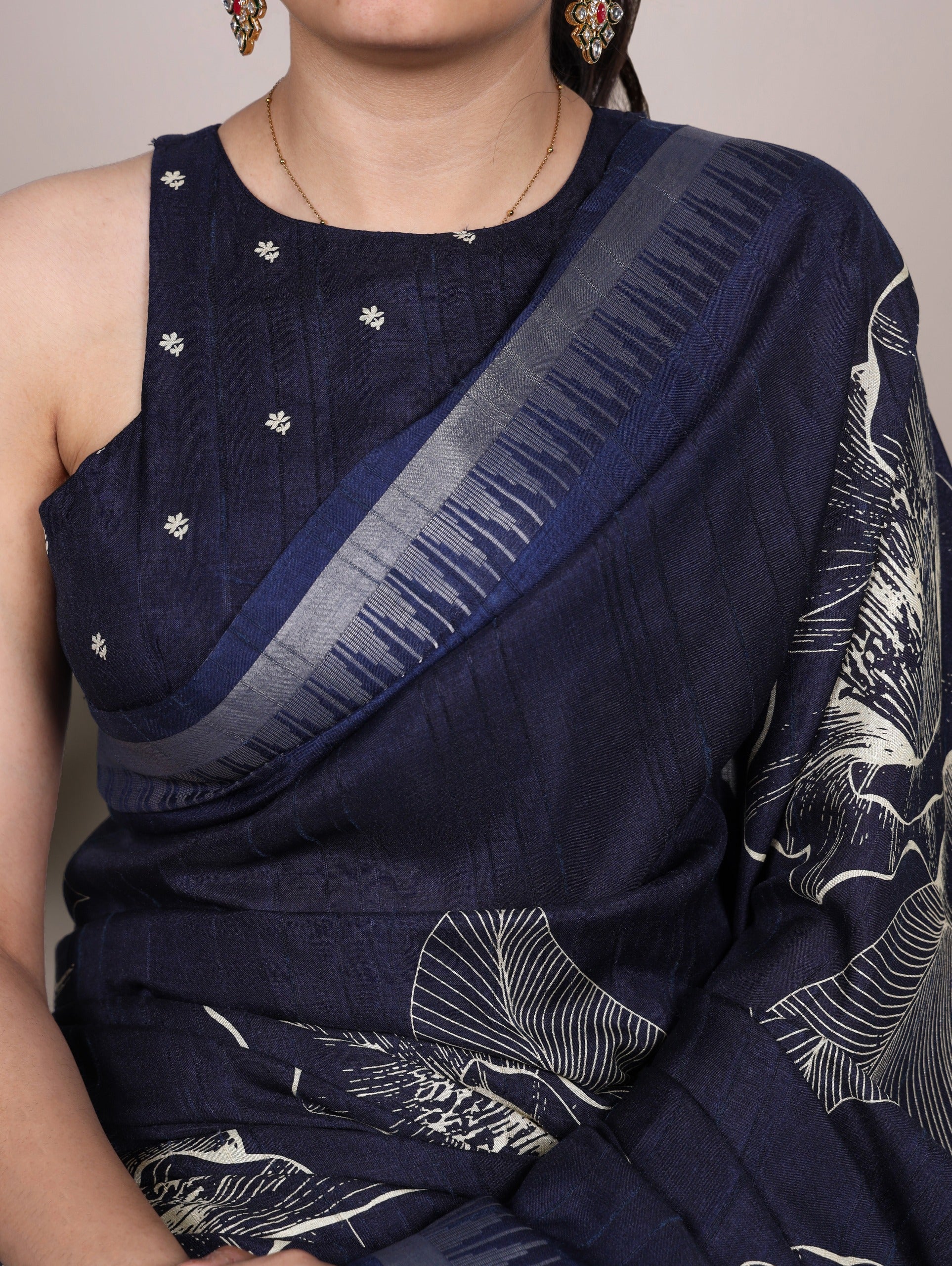 Navy Blue Silk Floral Printed Saree