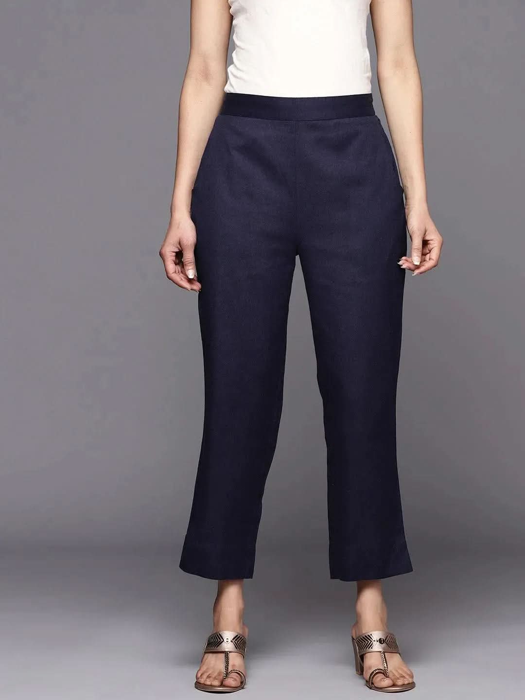 Anouk Navy Blue Solid Cotton Trousers
