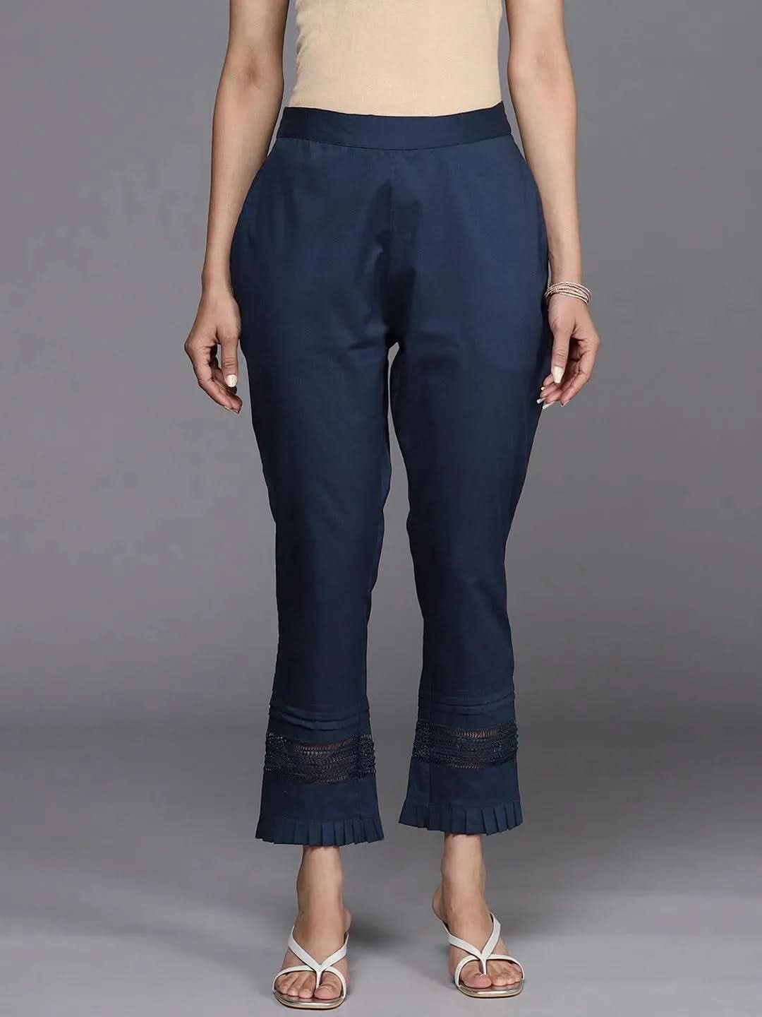Anouk Navy Blue Solid Cotton Trousers