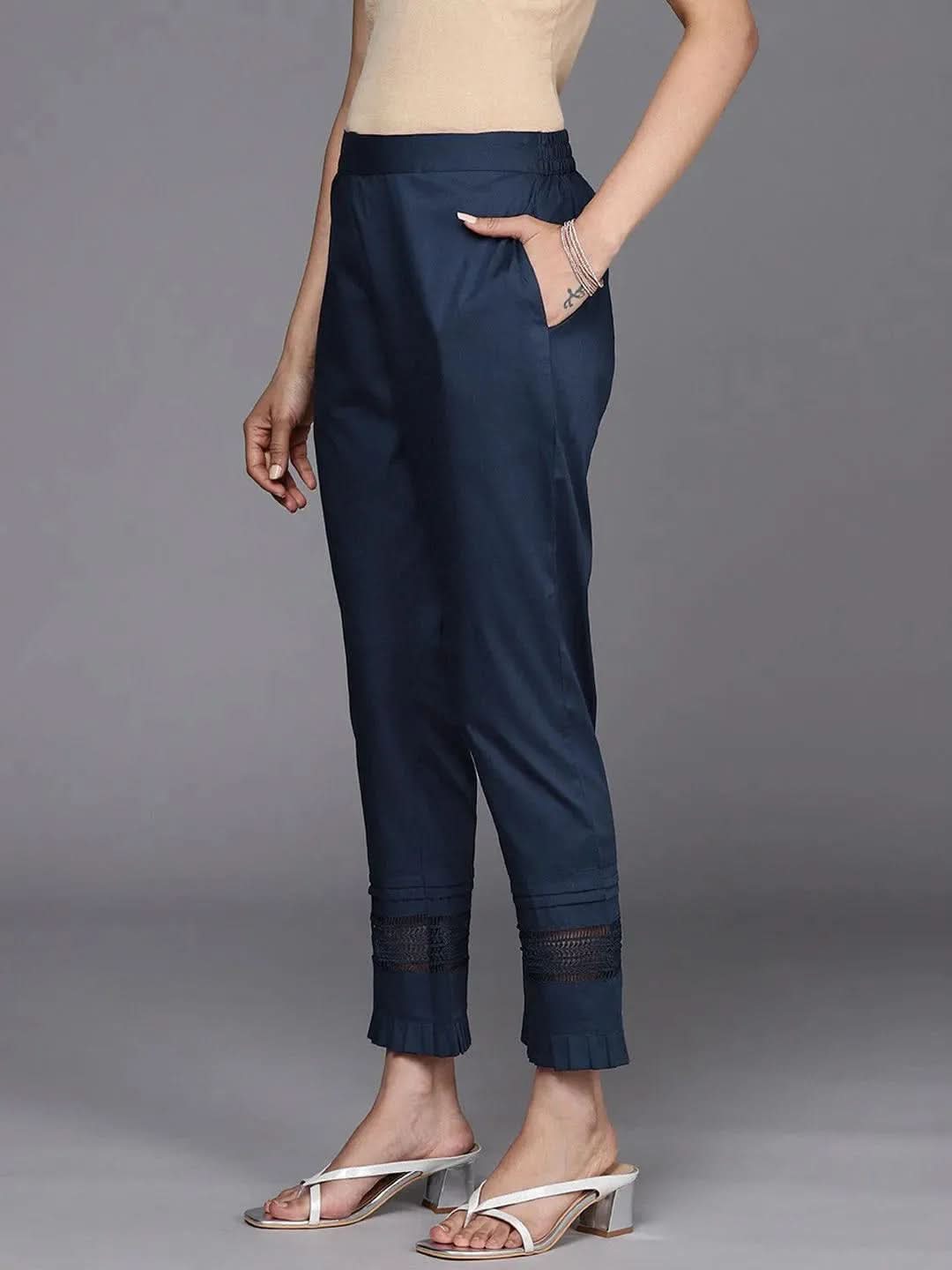 Anouk Navy Blue Solid Cotton Trousers