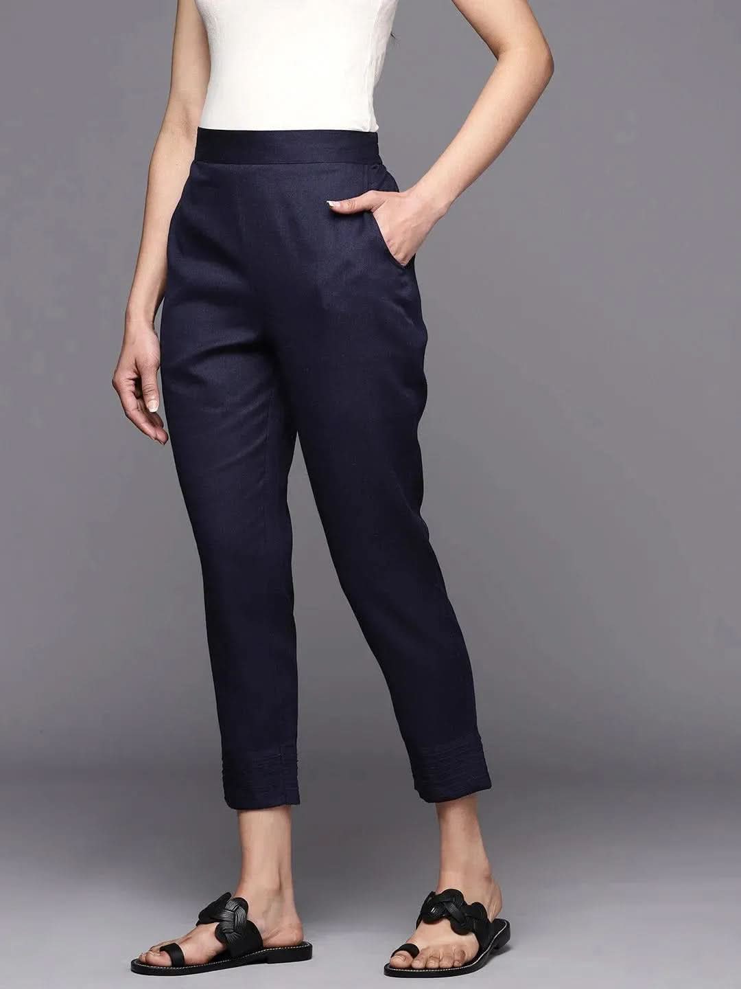 Anouk Navy Blue Solid Cotton Trousers
